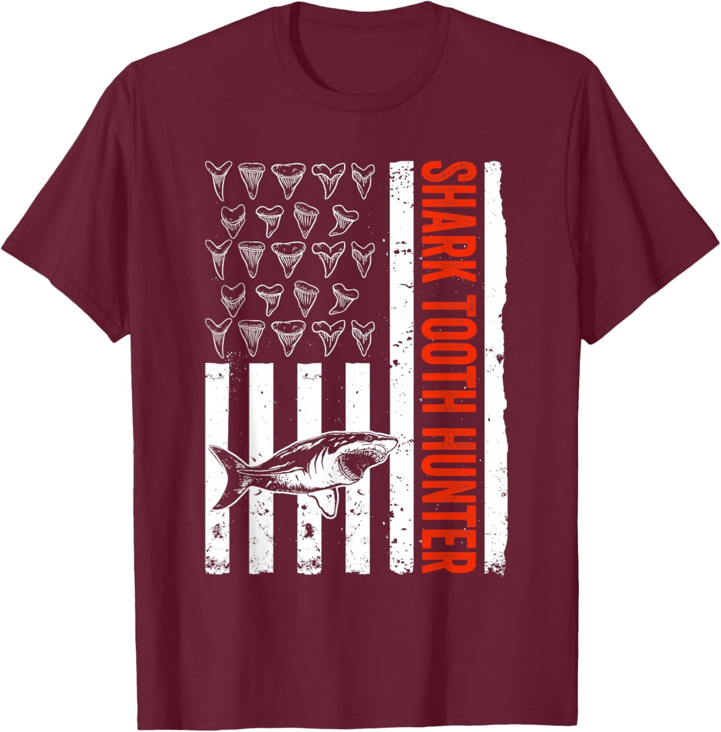 Shark Teeth Collecting US Flag Shark Tooth Hunter T-Shirt - T-Shirt | Maroon