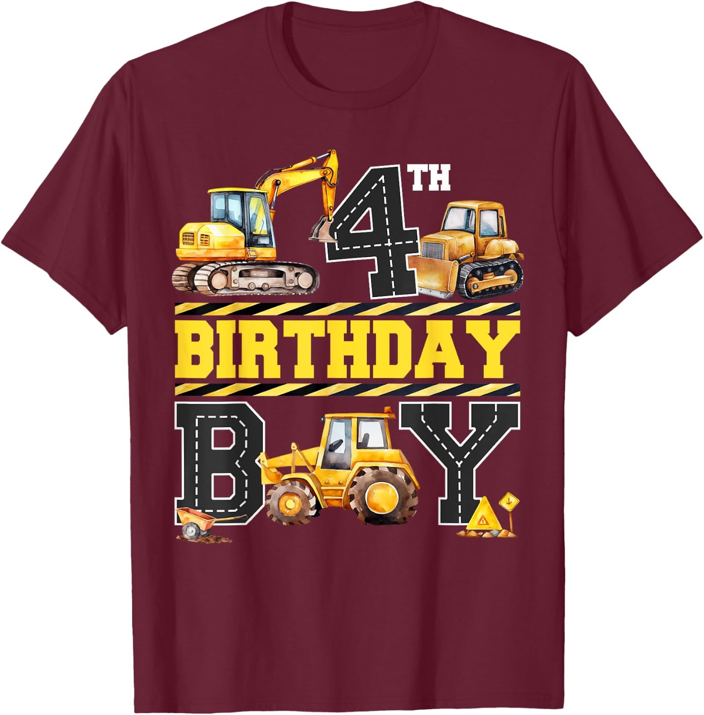 4th Birthday Digger 4 Years Old Excavator Builder Boy Bday T-Shirt - T-Shirt | Maroon