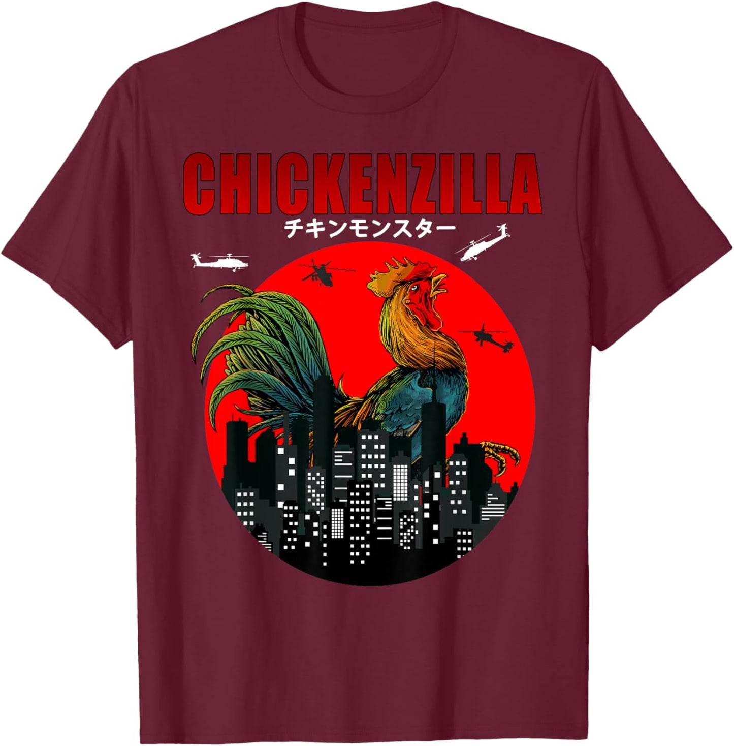 Chickenzilla the Funny Chicken a Japanese Sunset Men Women T-Shirt - T-Shirt | Maroon