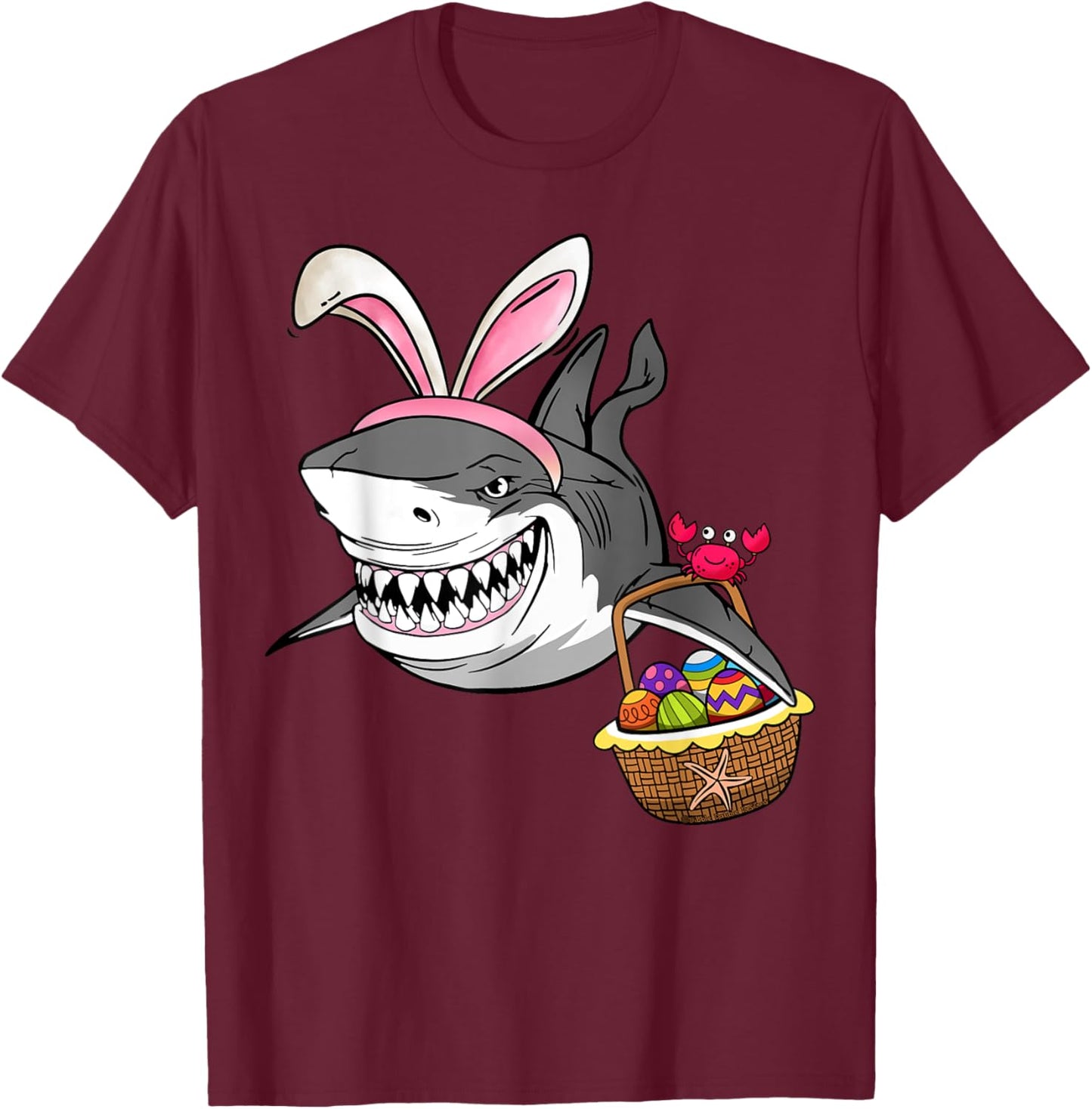 Cool Easter Shark Easter Basket Bunny Ears Happy Easter T-Shirt - T-Shirt | Maroon