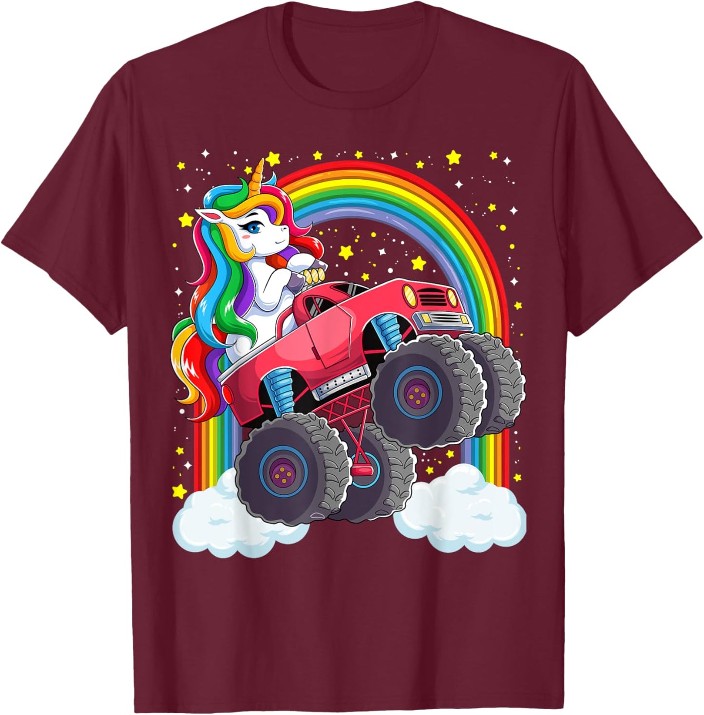 Cute Monster Truck Unicorn Magical Rainbow Kids Girls Party T-Shirt - T-Shirt | Maroon