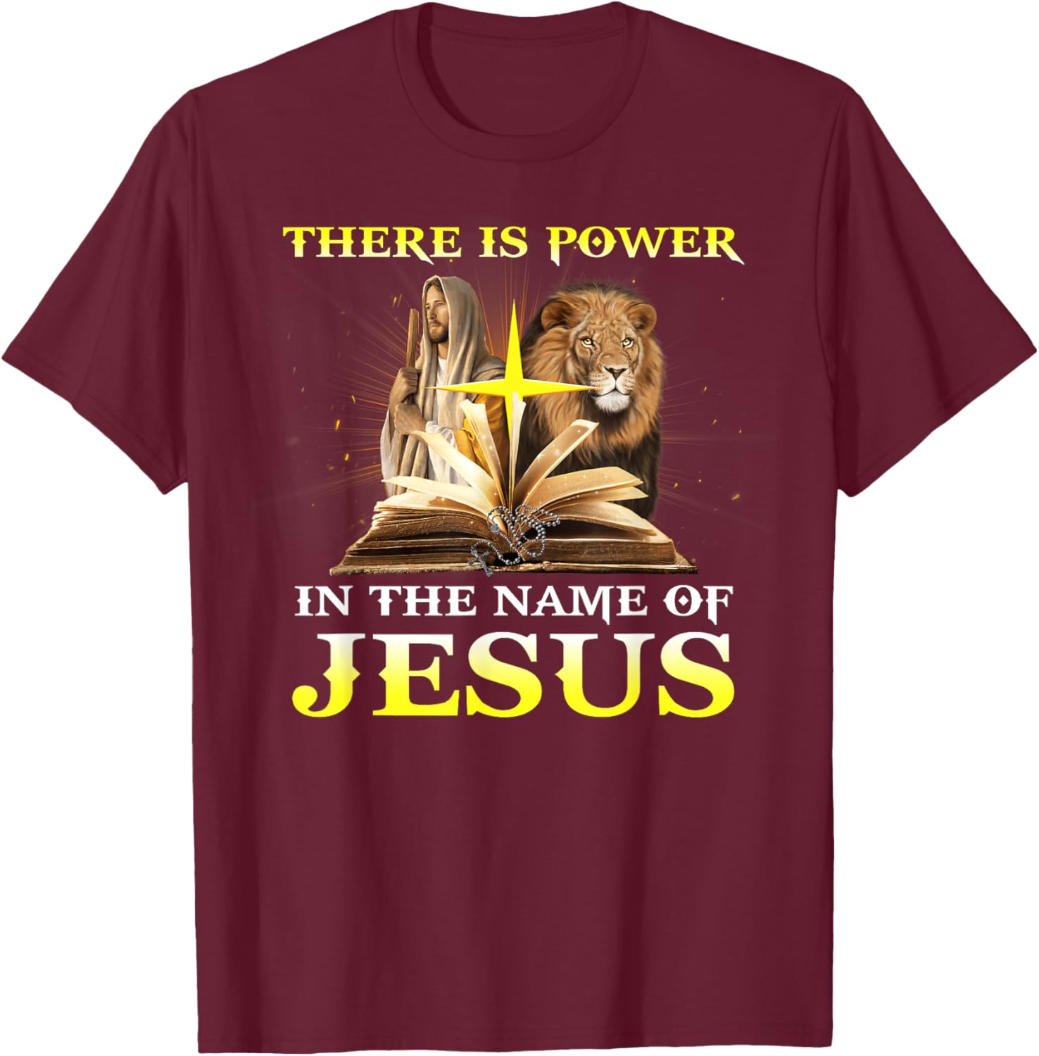 There Is Power In The Name Of Jesus Lion Christian T-Shirt - T-Shirt | Maroon
