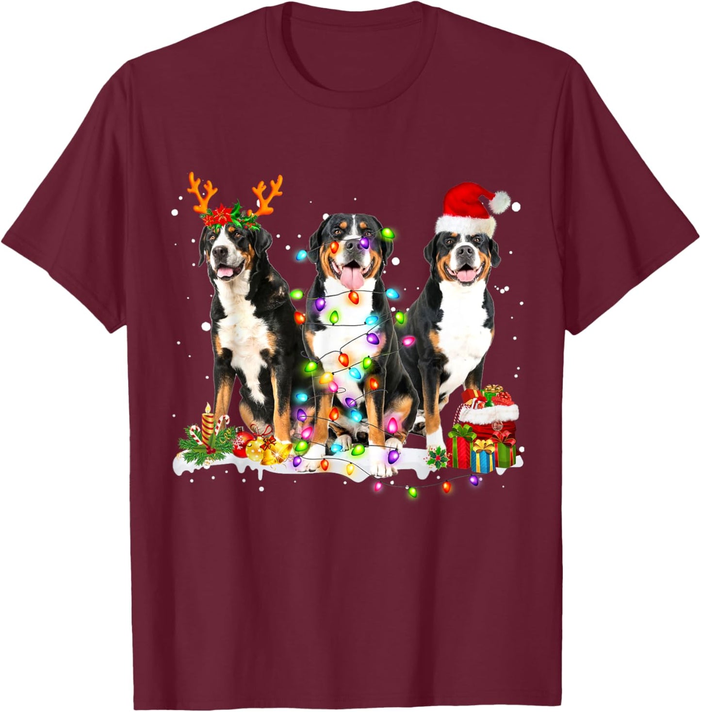 Santa Greater Swiss Mountain Dog Reindeer Christmas Pajama Men Women Kids T-Shirt - T-Shirt | Maroon