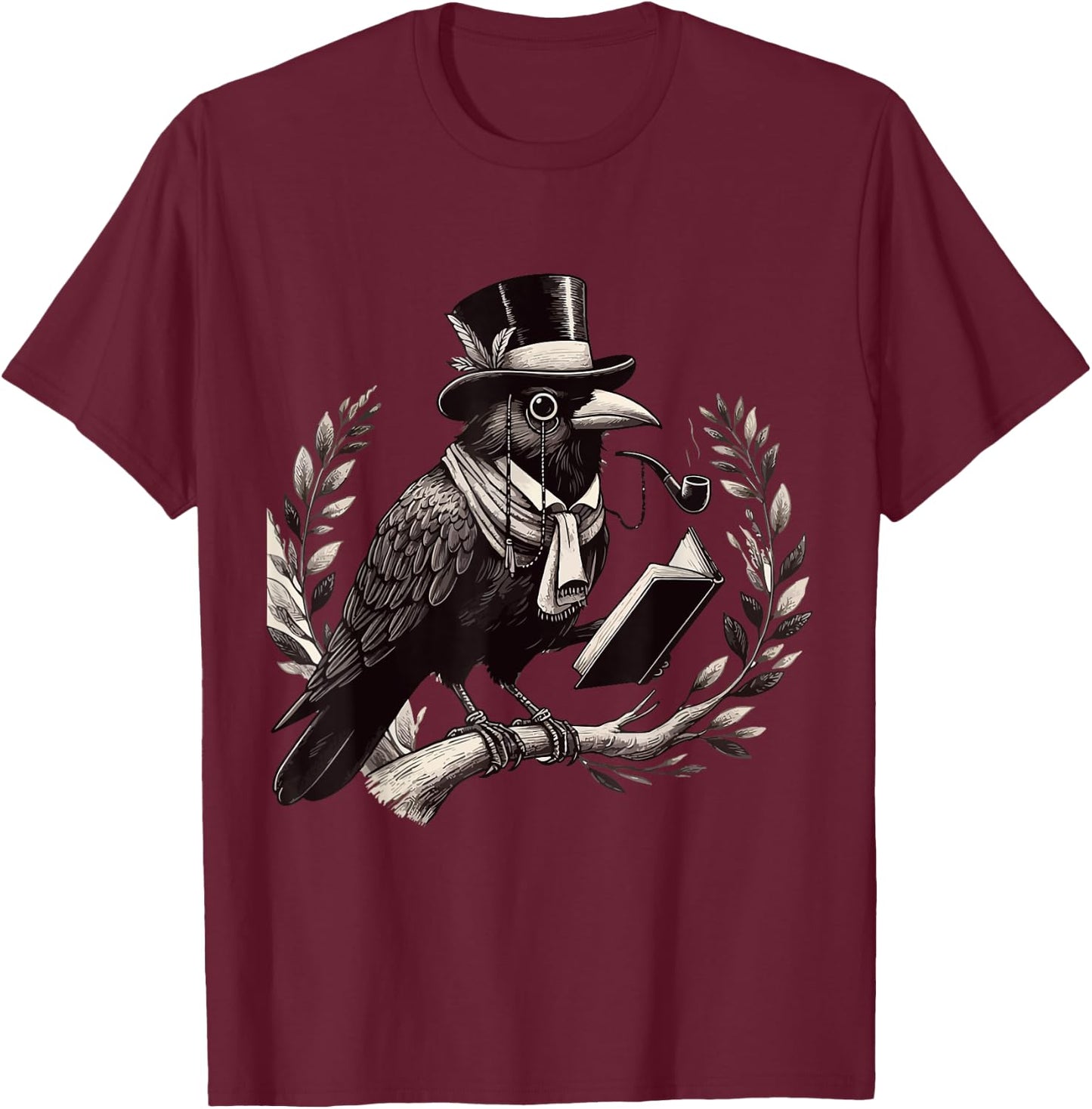 Black Crow Top Hat Smoking Cigar Reading Graphic Art T-Shirt - T-Shirt | Maroon