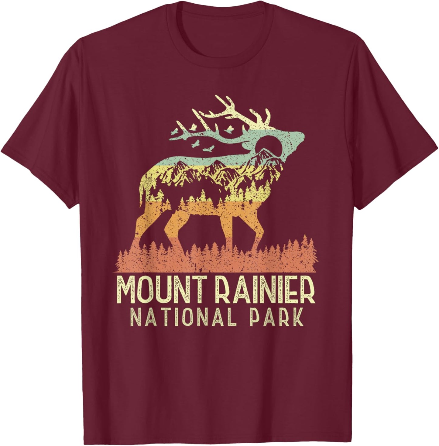 Mount Rainier National Park Retro Mountain Vintage Elk Gift T-Shirt - T-Shirt | Maroon