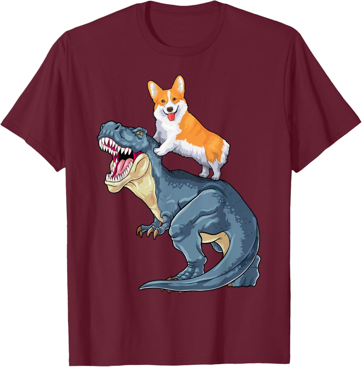 Corgi Riding Dinosaur T Rex Dog Funny Corgi Space Kids Boys T-Shirt - T-Shirt | Maroon