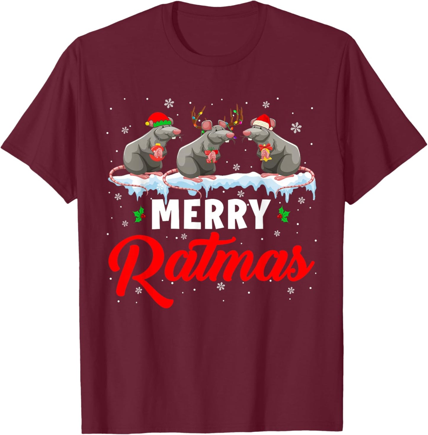 Merry Ratmas Funny Santa ELF Reindeer Rat Christmas Light T-Shirt - T-Shirt | Maroon