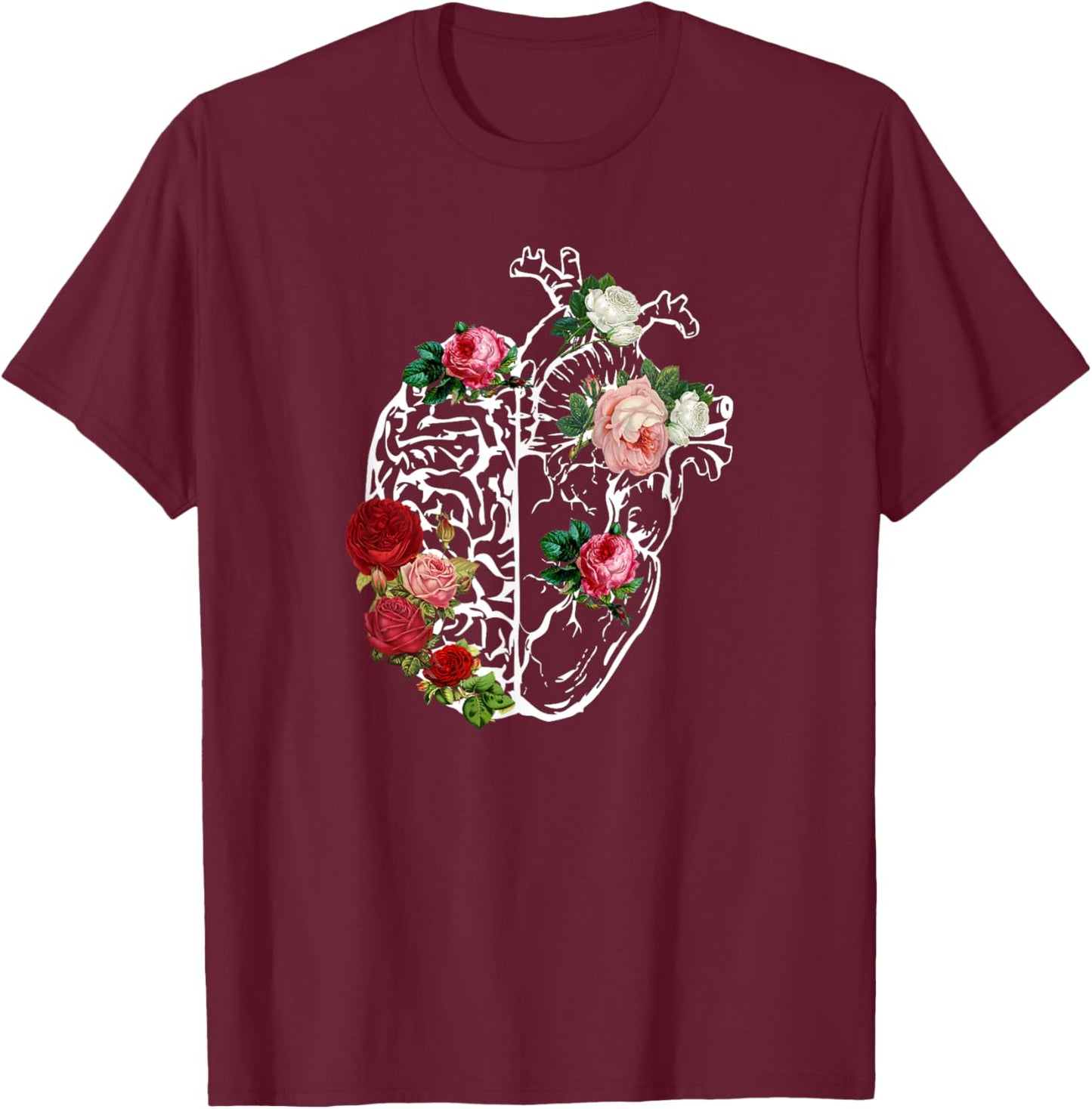 Anatomical Heart_Brain Flowers Florals Anatomy T-Shirt - T-Shirt | Maroon