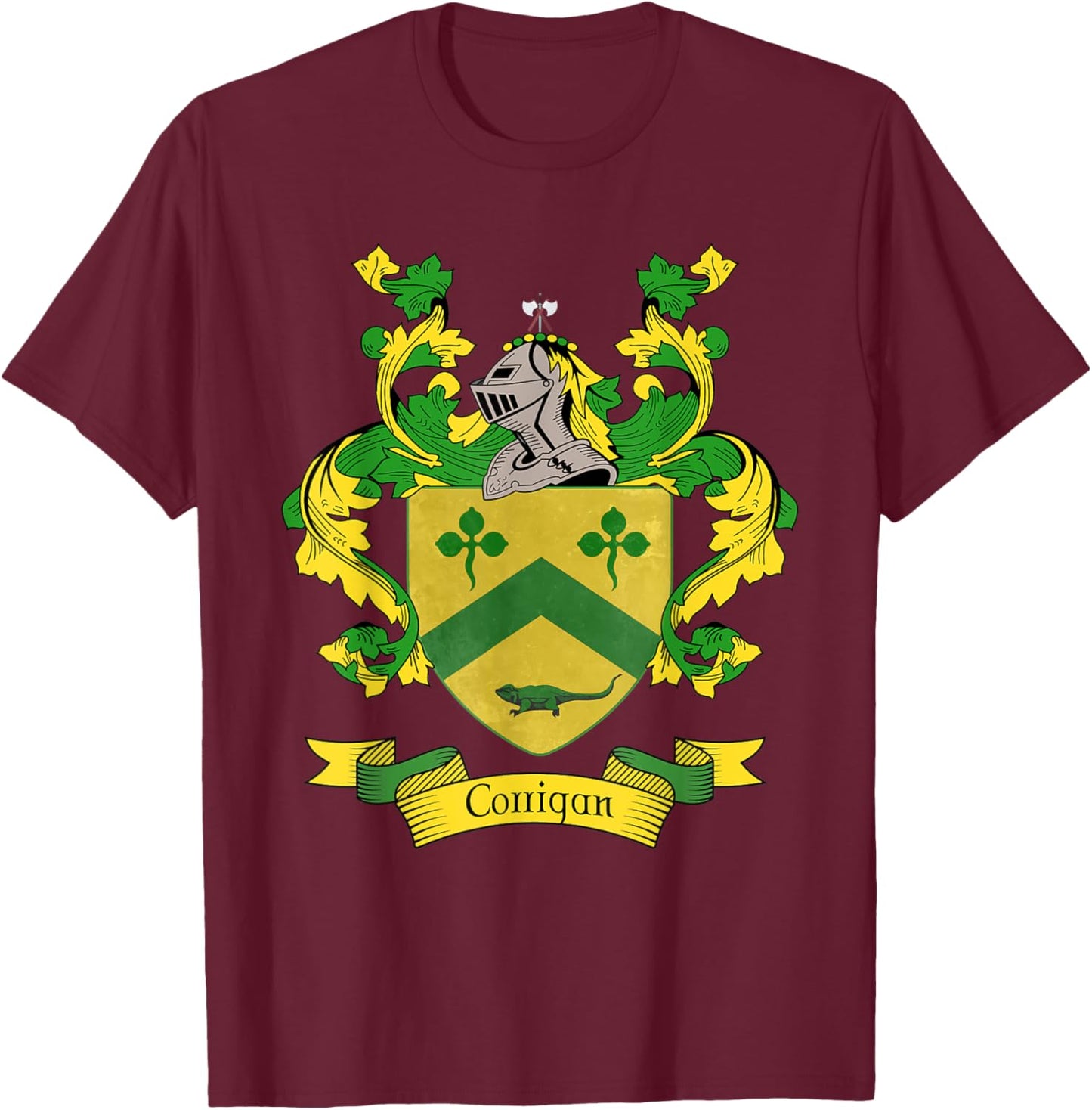 Corrigan Coat of Arms | Corrigan Surname Family Crest T-Shirt - T-Shirt | Maroon