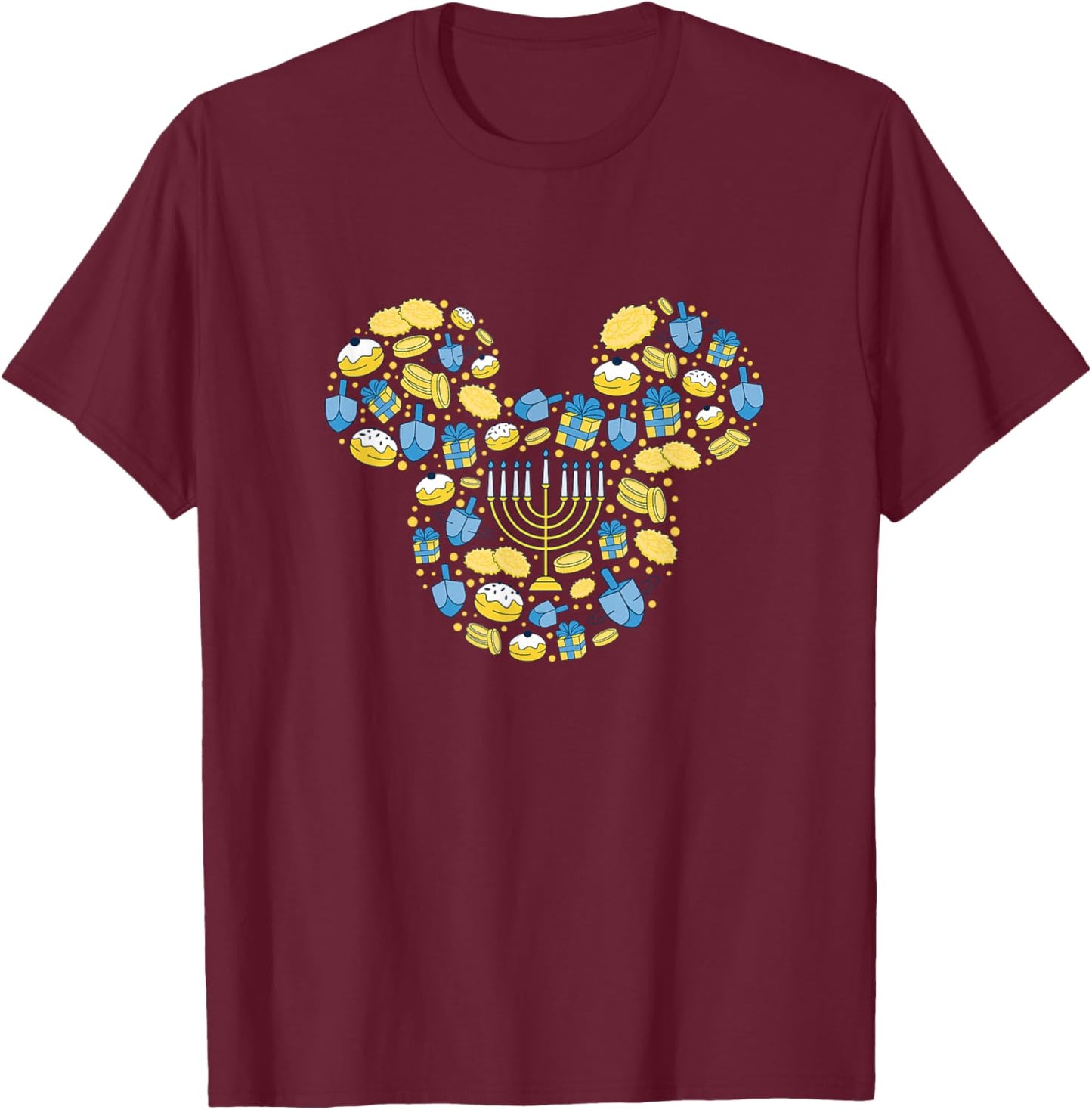 Disney Mickey Mouse Icon Hanukkah Hanukah Dreidel Menorah T-Shirt - T-Shirt | Maroon