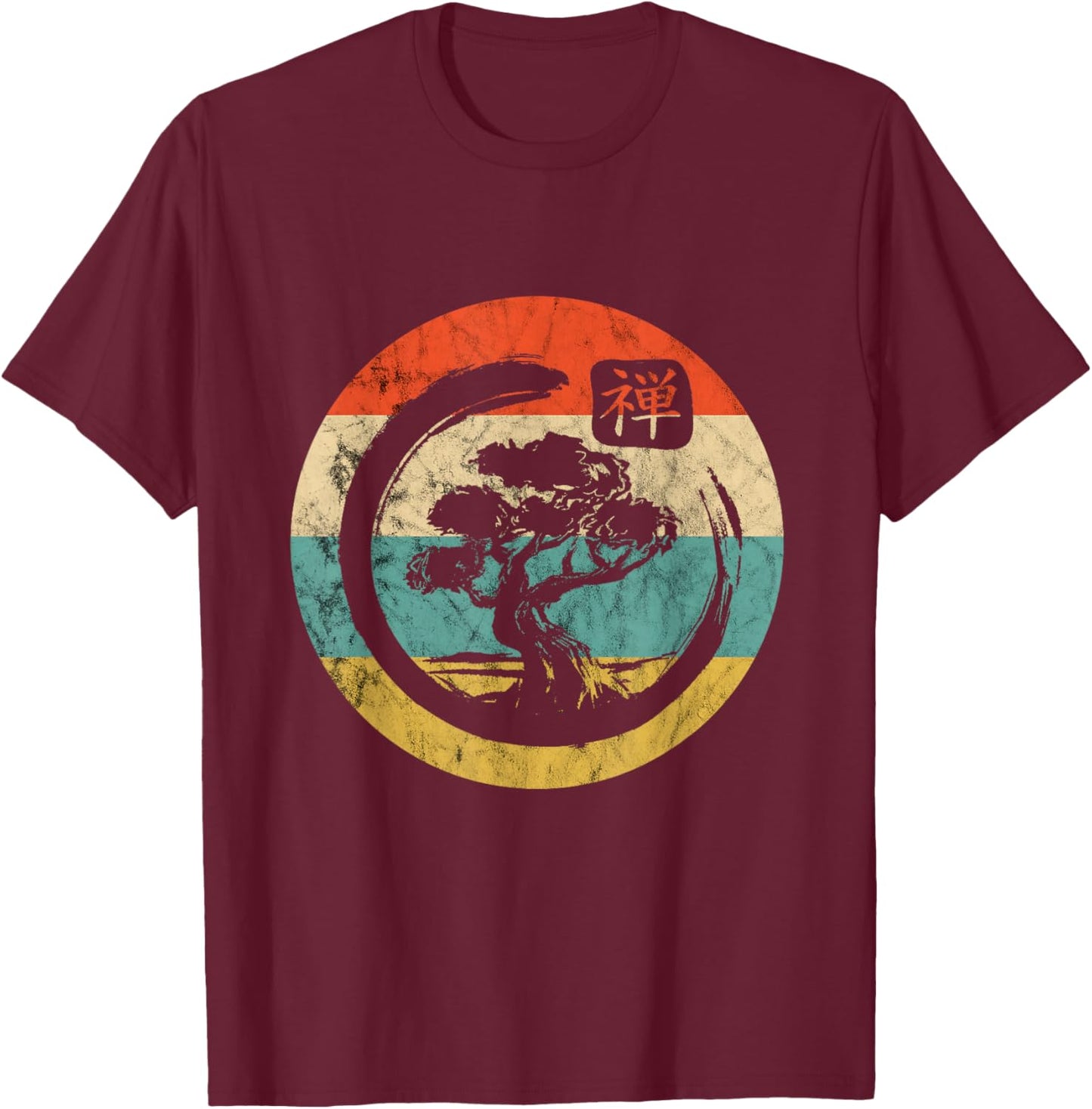 Bonsai Tree Japan Bonsai Tree Enso Circle Vintage Retro Sunset T-Shirt - T-Shirt | Maroon