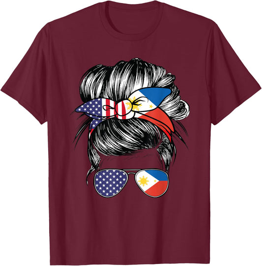 Philippines Flag American Women Girl USA Heritage Filipina T-Shirt - T-Shirt | Maroon