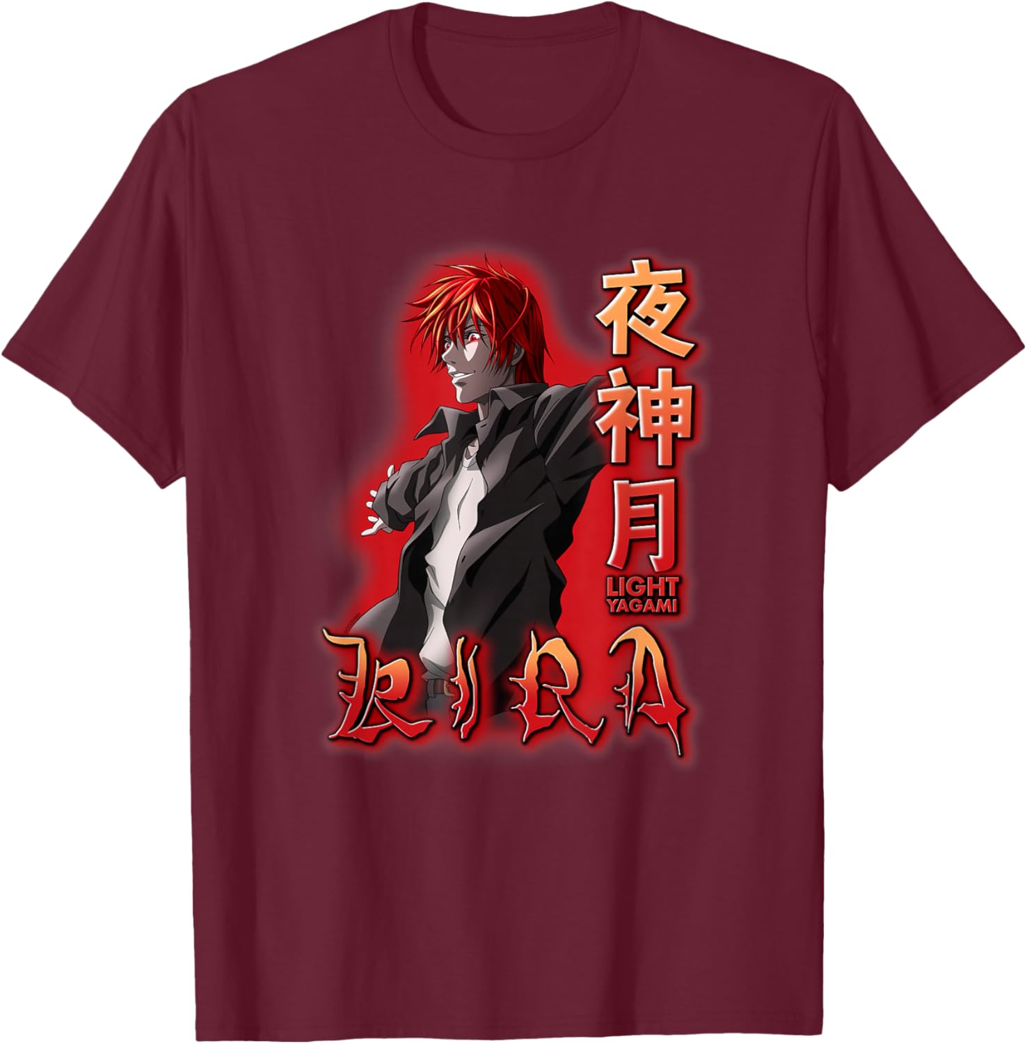Death Note Light Yagami Kira Red Glow Anime T-Shirt - T-Shirt | Maroon