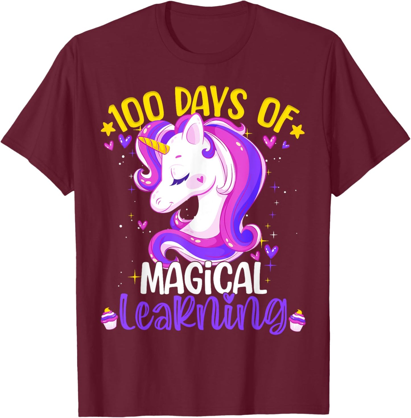 100 Days Of Magical Learning Unicorn 100th Day School Girls T-Shirt - T-Shirt | Maroon