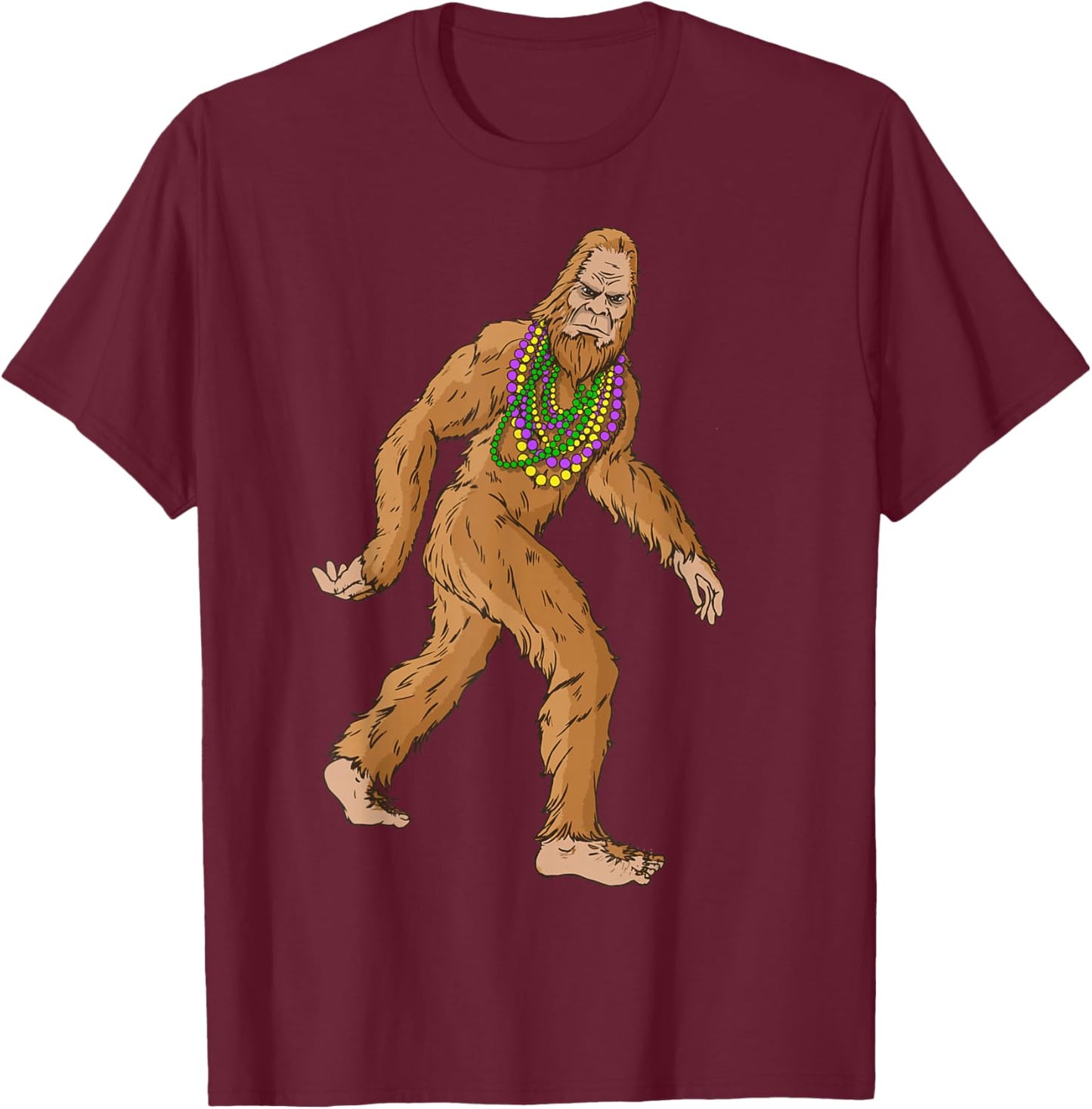 Mardi Gras Bigfoot With Beads Necklace Beads Fat Tuesday T-Shirt - T-Shirt | Maroon
