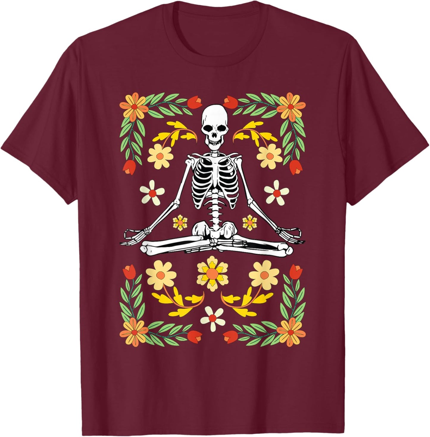 Meditating Skeleton Dia De Los Muertos Mexican Day of Dead T-Shirt - T-Shirt | Maroon