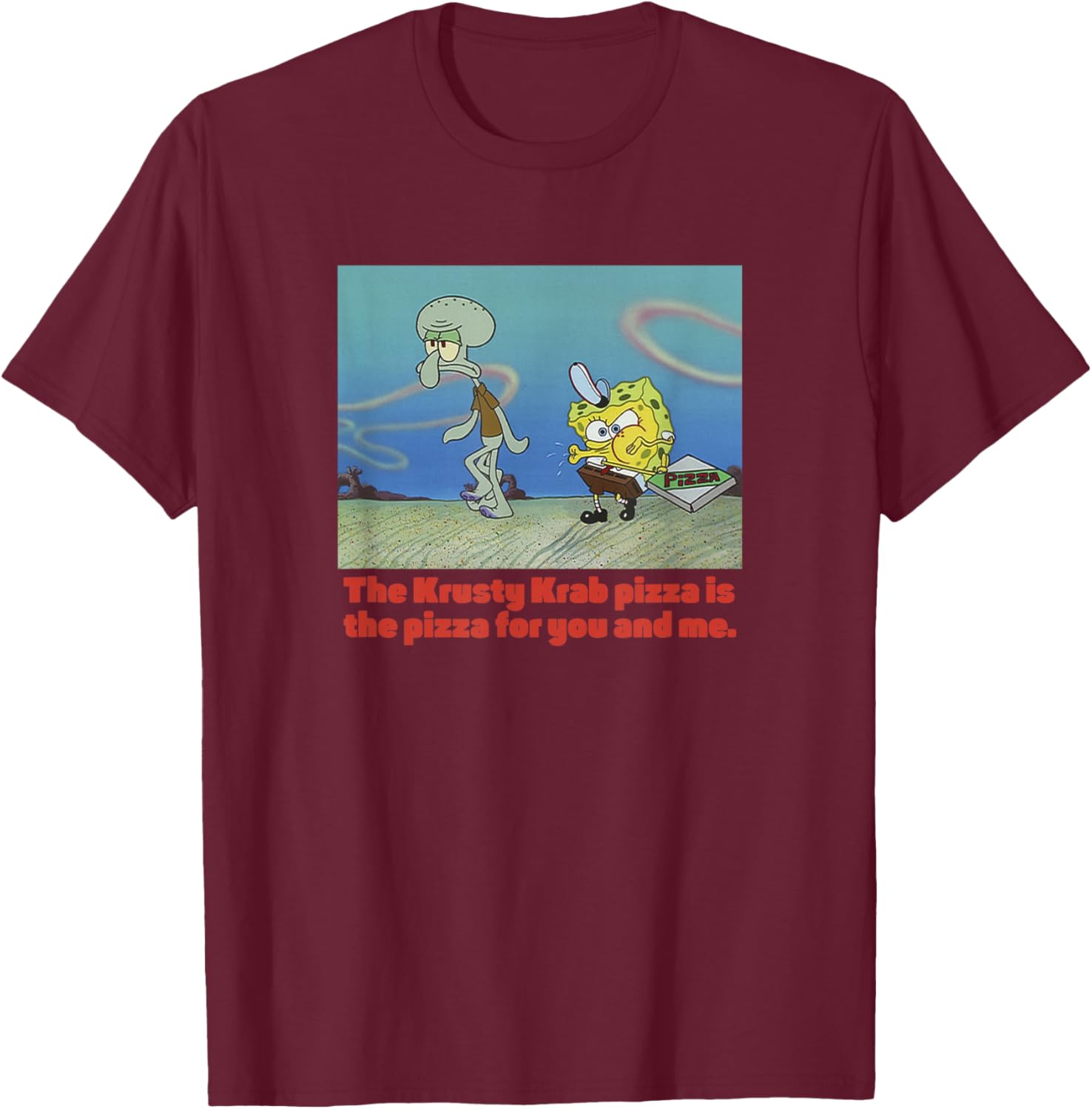 Spongebob Squarepants Spongebob Squidward Pizza T-Shirt - T-Shirt | Maroon