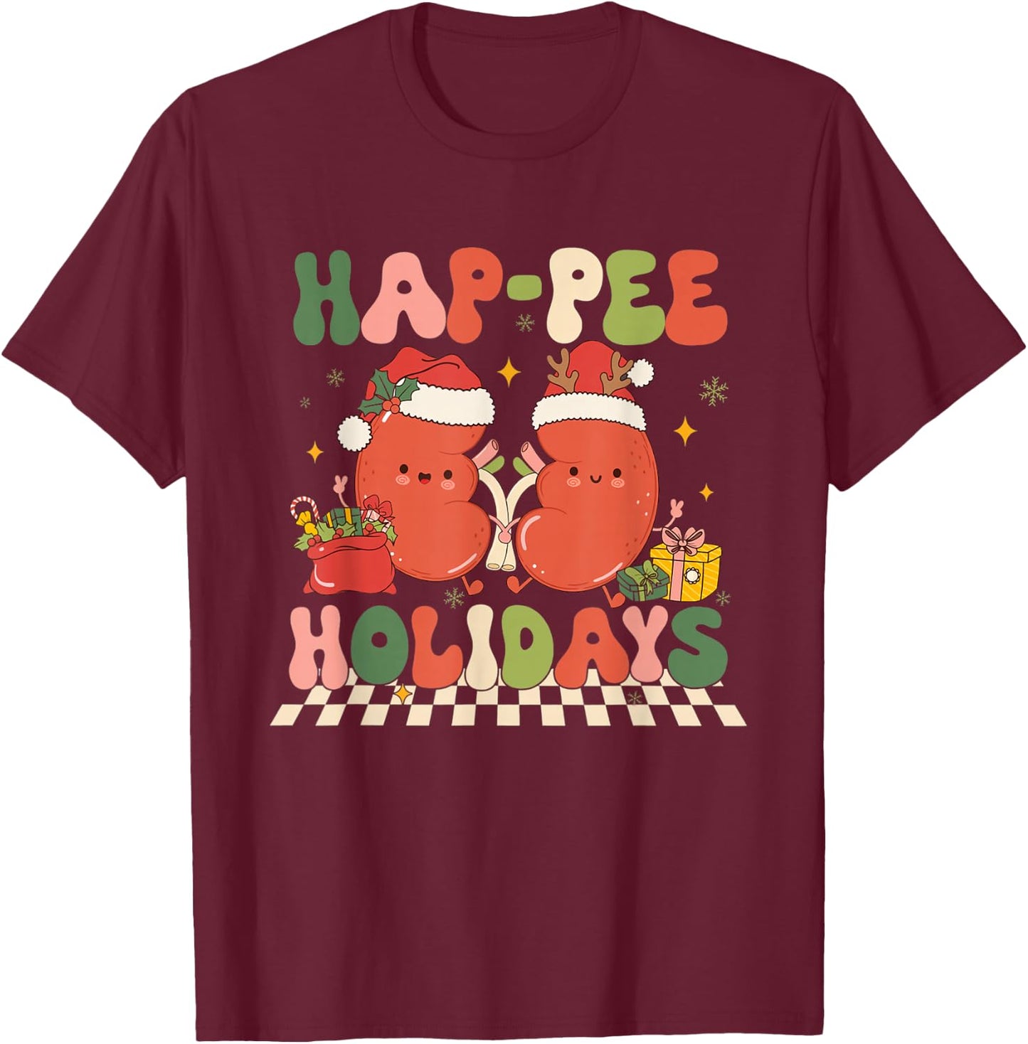 Retro Hap Pee Holidays Christmas Dialysis Nurse Kidney Nurse T-Shirt - T-Shirt | Maroon