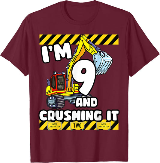 9 Years Old Birthday 9th Construction Party Truck Digger T-Shirt - T-Shirt | Maroon