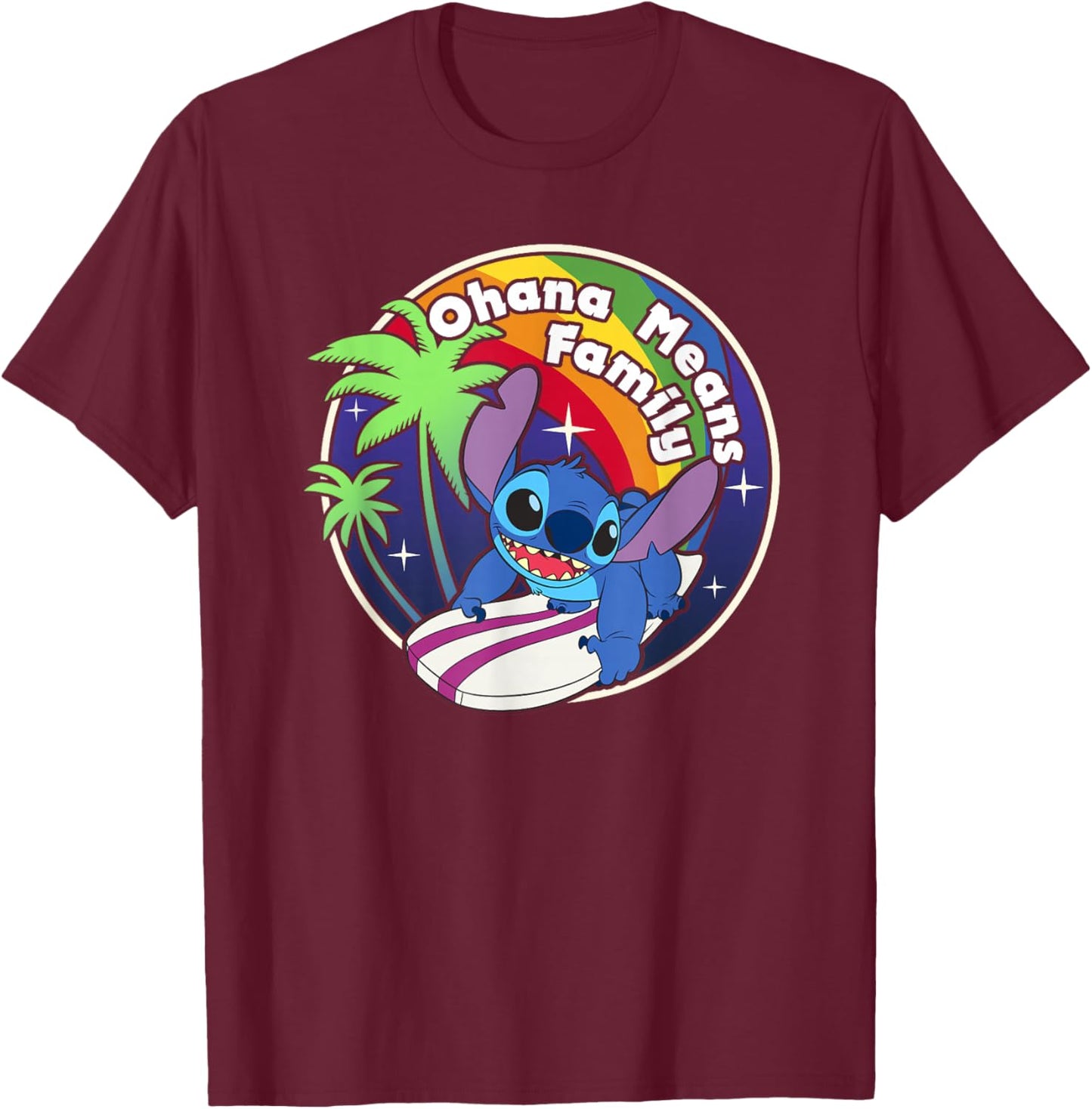 Disney Lilo & Stitch Rainbow Surf Stitch Ohana Means Family T-Shirt - T-Shirt | Maroon