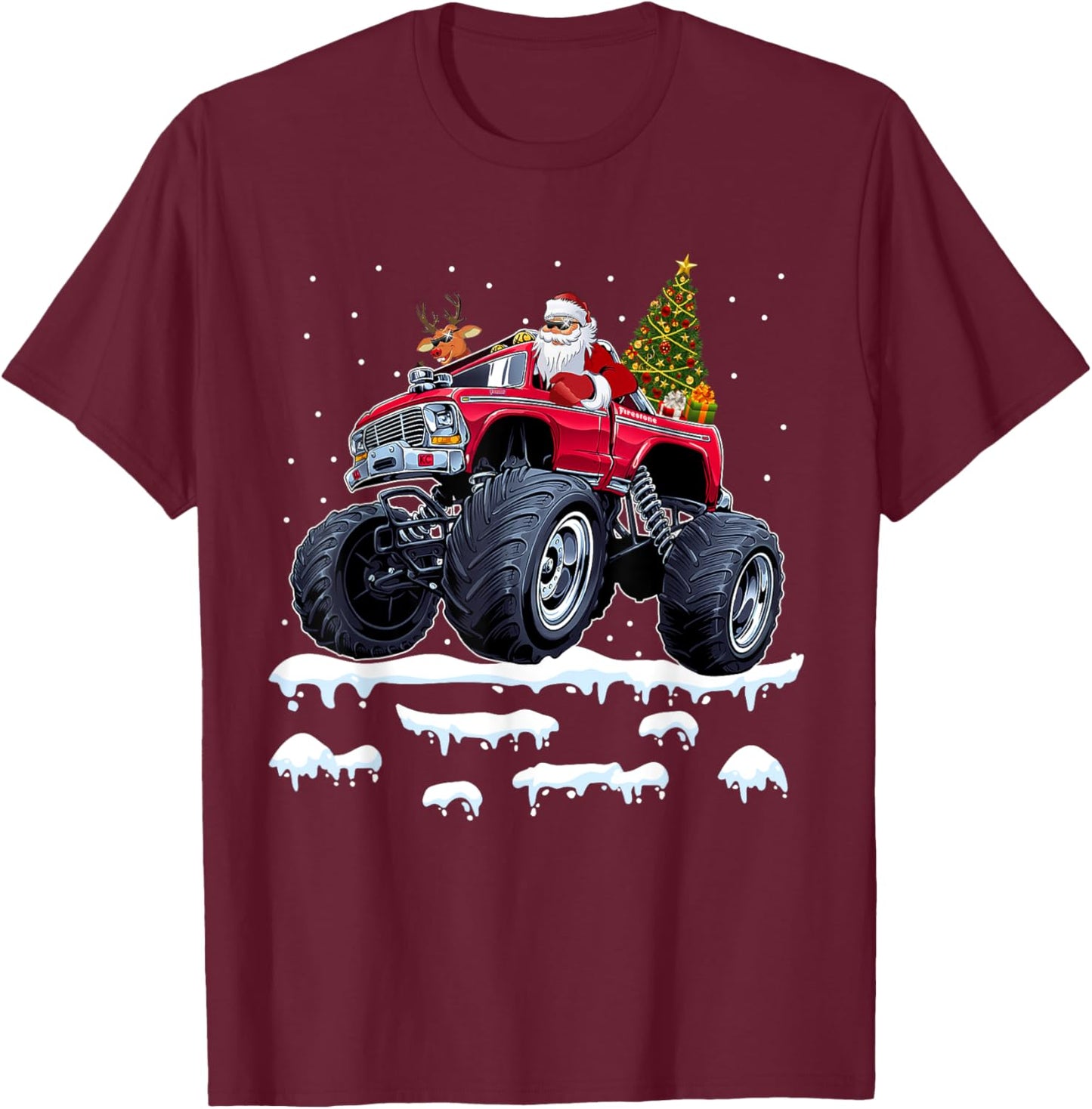 Reindeer Santa Riding Monster Truck Christmas Tree Men Boy T-Shirt - T-Shirt | Maroon