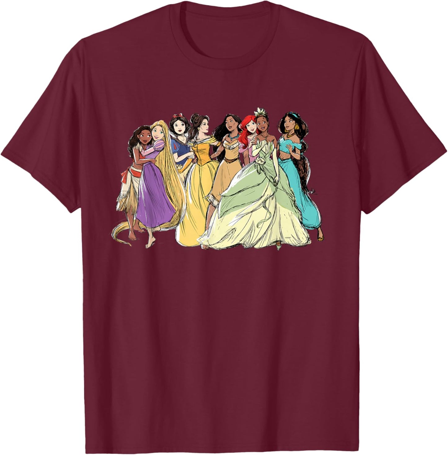 Disney Princess Group Pencil Sketch T-Shirt - T-Shirt | Maroon