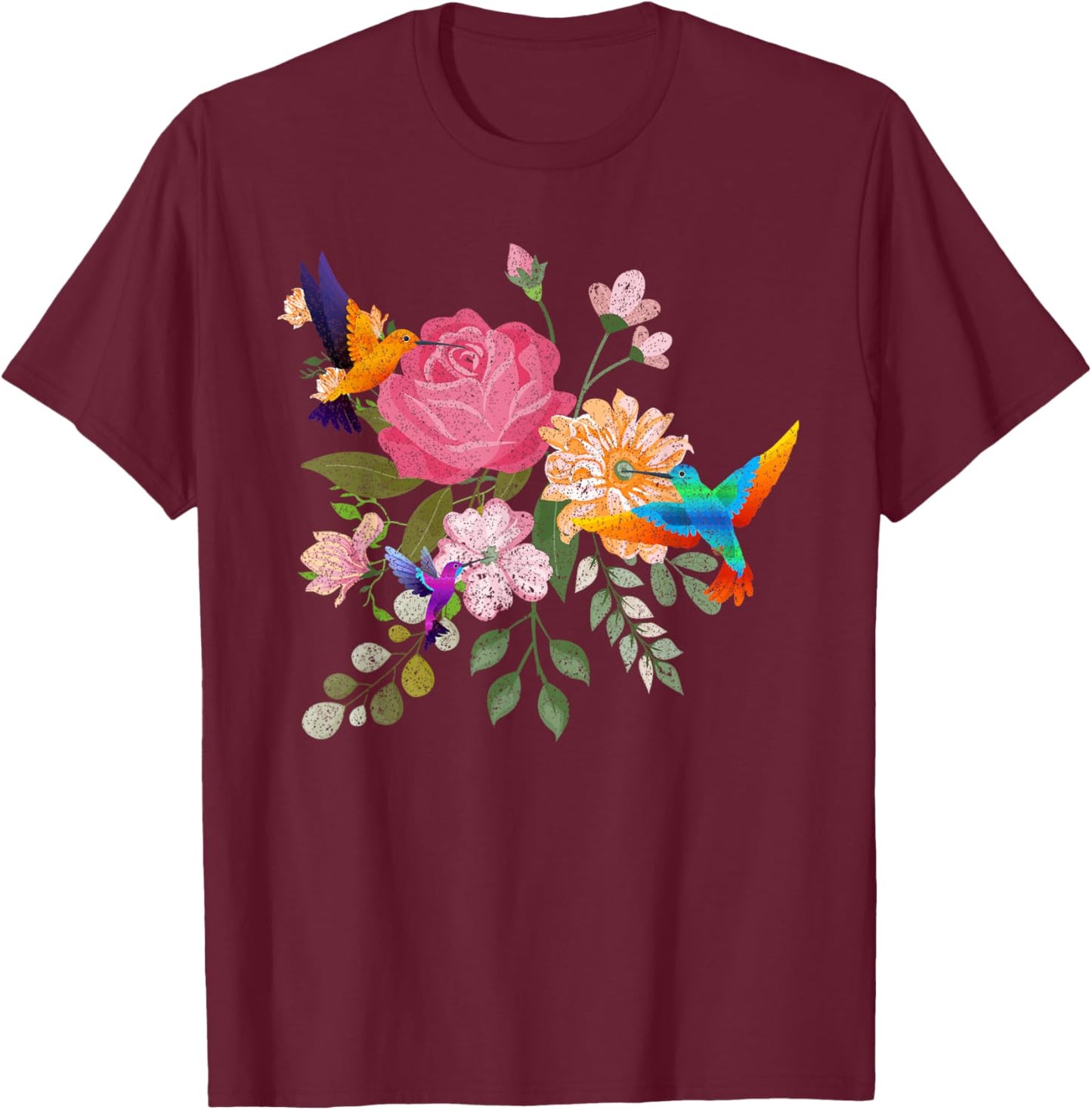 Vintage Bird Animal Lover Nature Roses Flowers Hummingbird T-Shirt - T-Shirt | Maroon