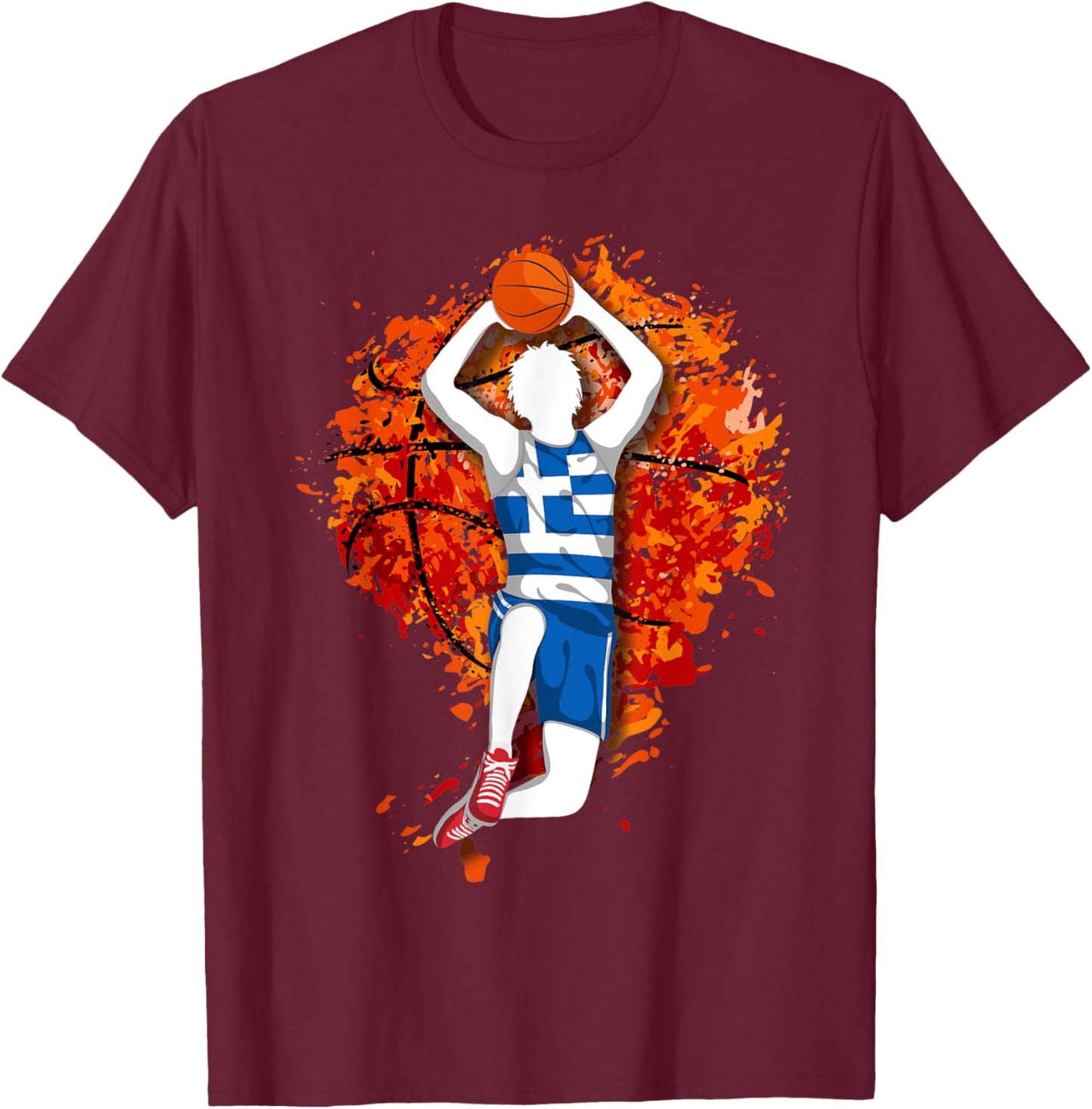 Greece Basketball Greek National Flag Mid Air Slam Dunk T-Shirt - T-Shirt | Maroon