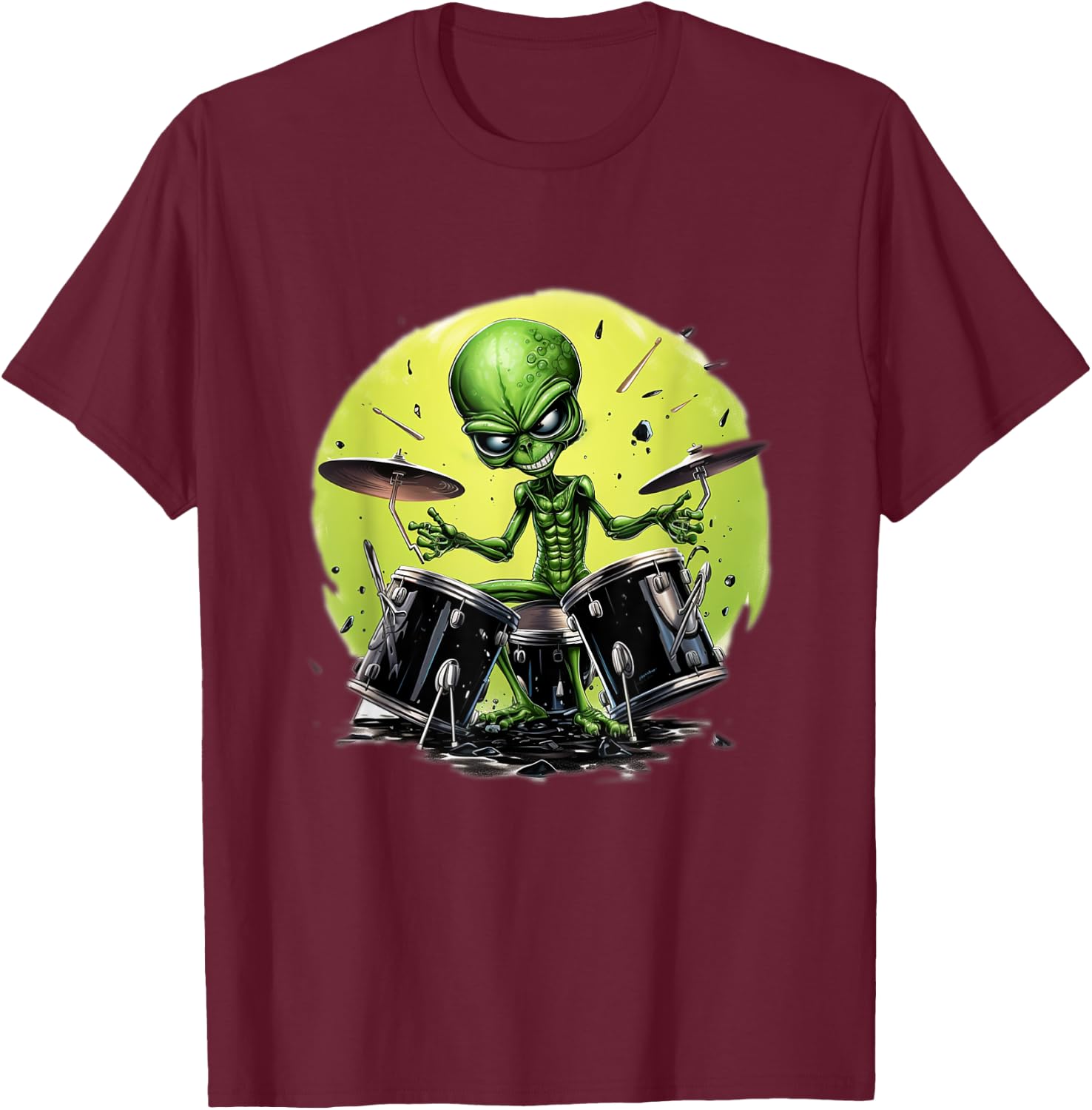Alien Playing Drums Gifts For Drummers T-Shirt - T-Shirt | Maroon