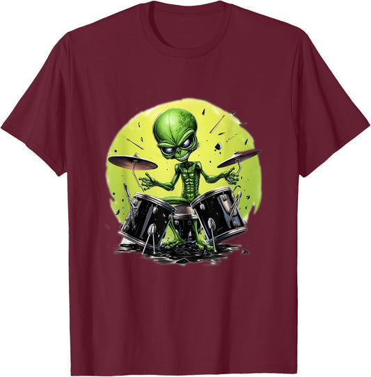 Alien Playing Drums Gifts For Drummers T-Shirt - T-Shirt | Maroon