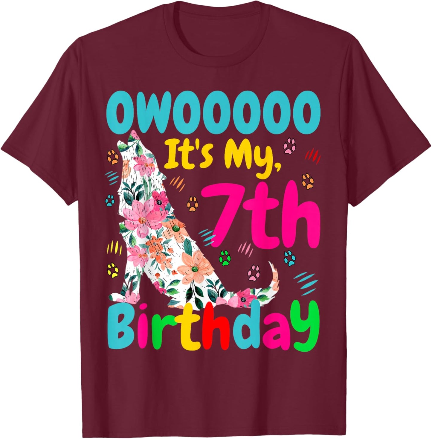 Floral Howling Watercolor Wolf 7th Years Old Wolves Birthday T-Shirt - T-Shirt | Maroon