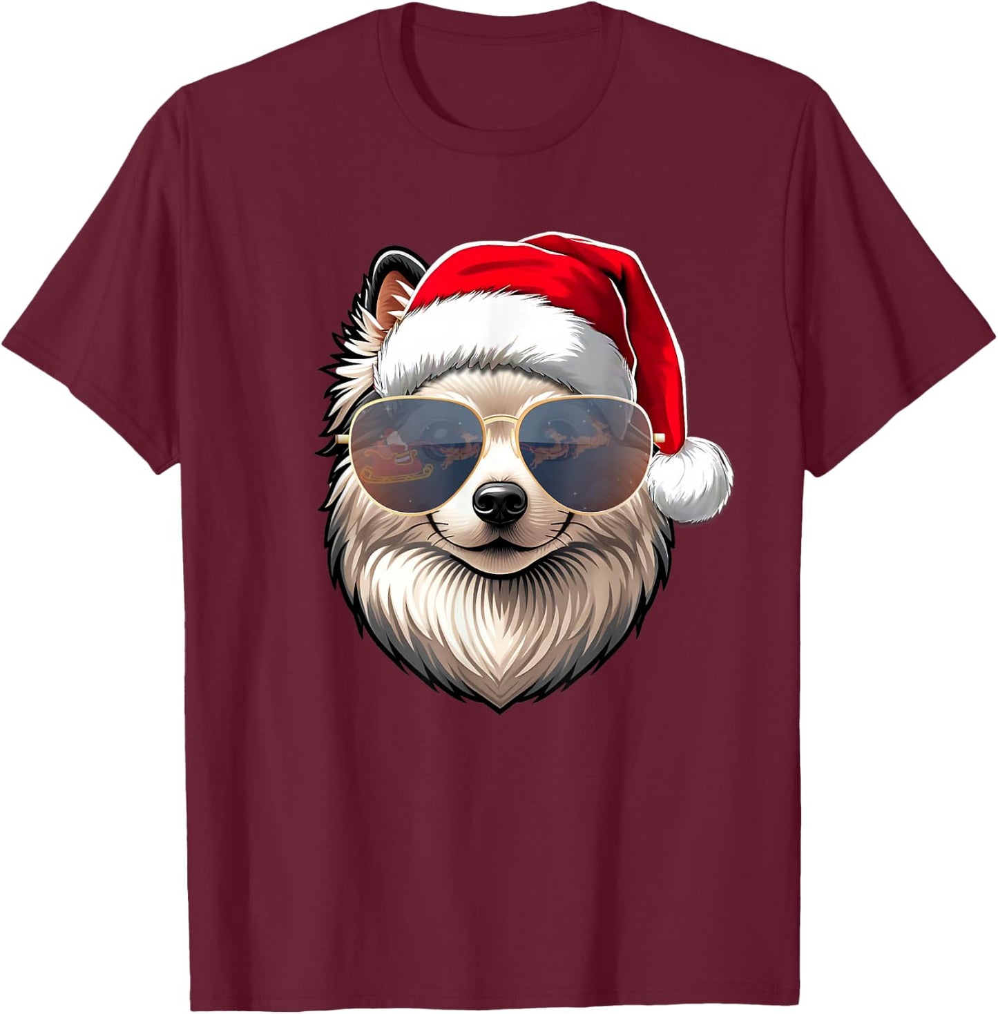 Ugly Sweater X-mas Santa American Eskimo Dog Christmas T-Shirt - T-Shirt | Maroon