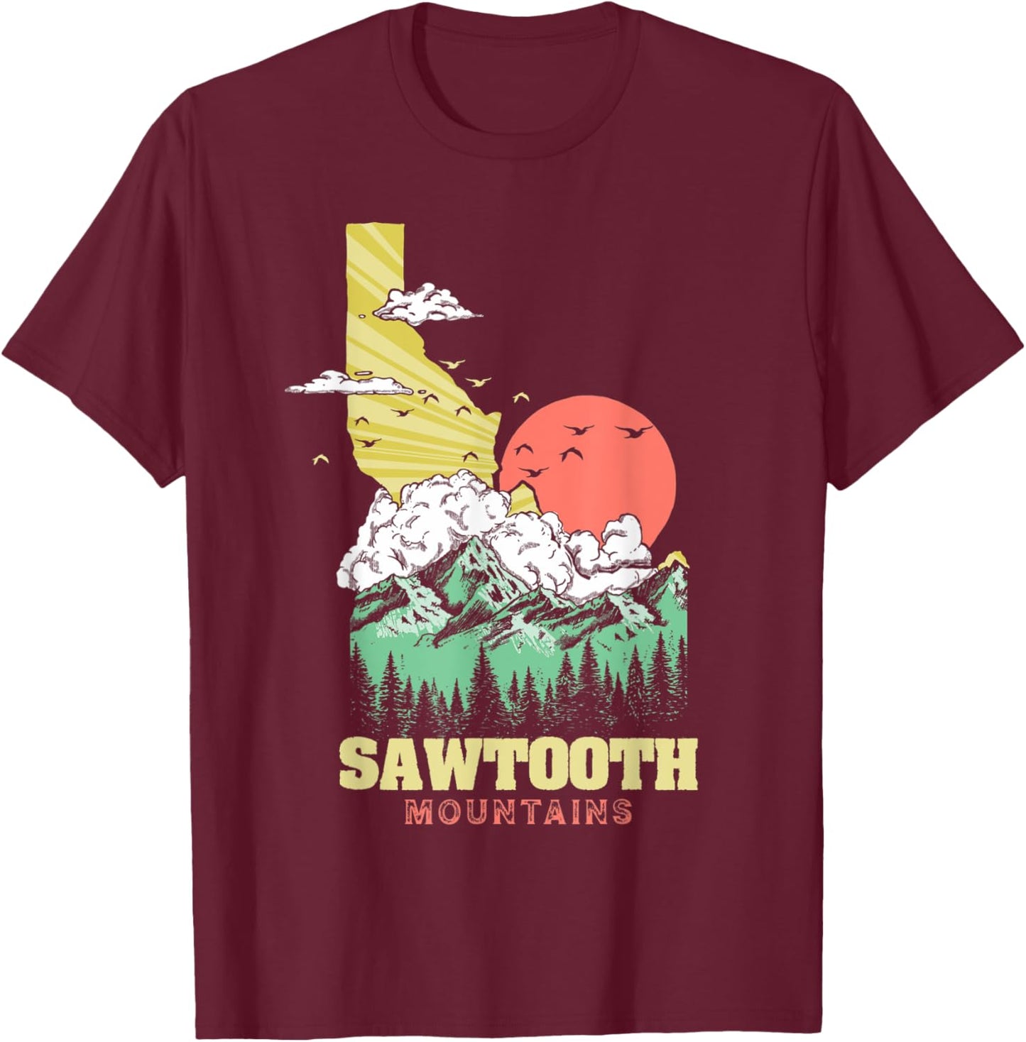 Sawtooth Mountains Idaho Outdoors Nature Vintage Retro T-Shirt - T-Shirt | Maroon