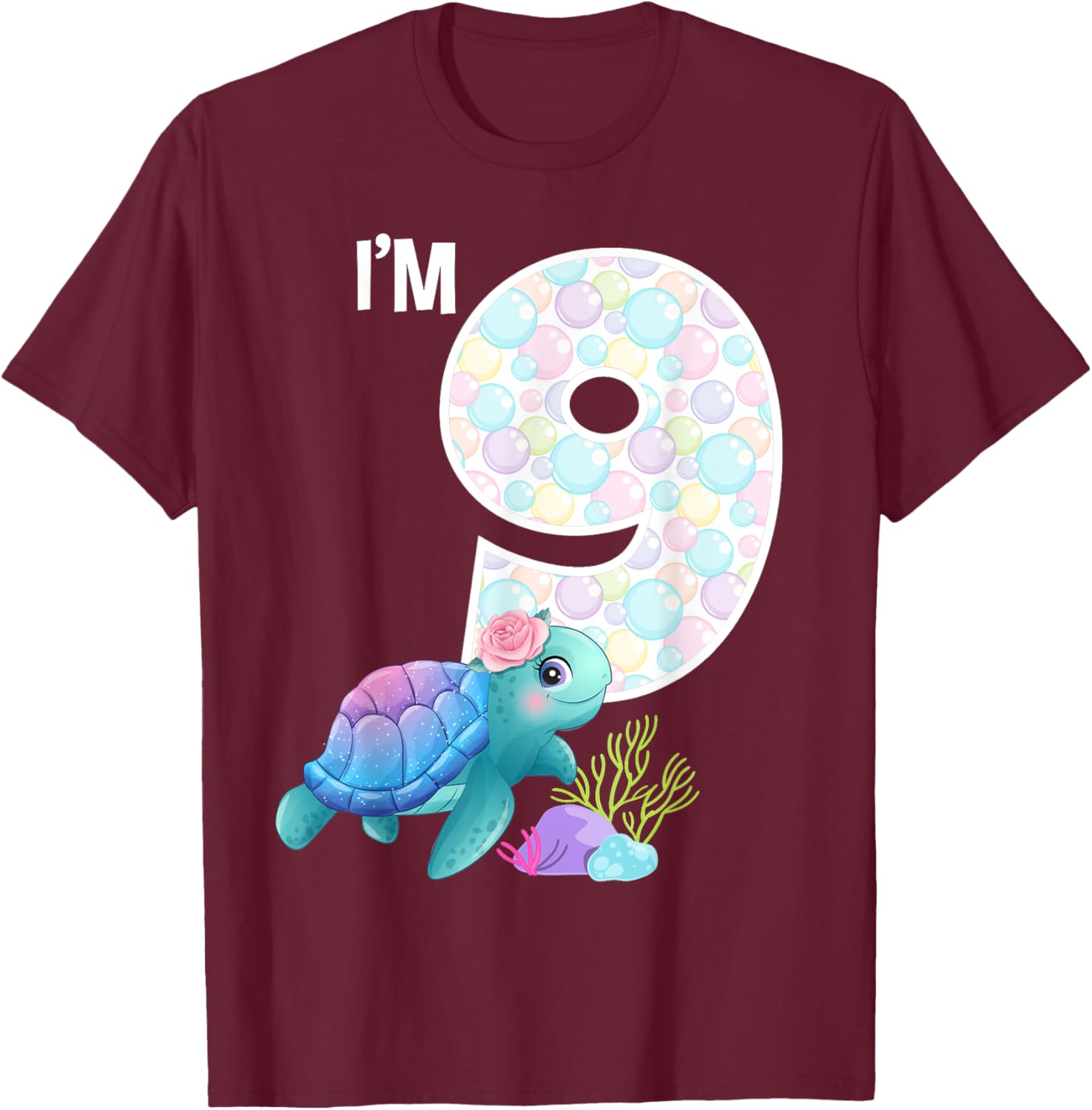 Sea Turtle Birthday I'm 9 Farm Ocean Theme 9th Birthday T-Shirt - T-Shirt | Maroon