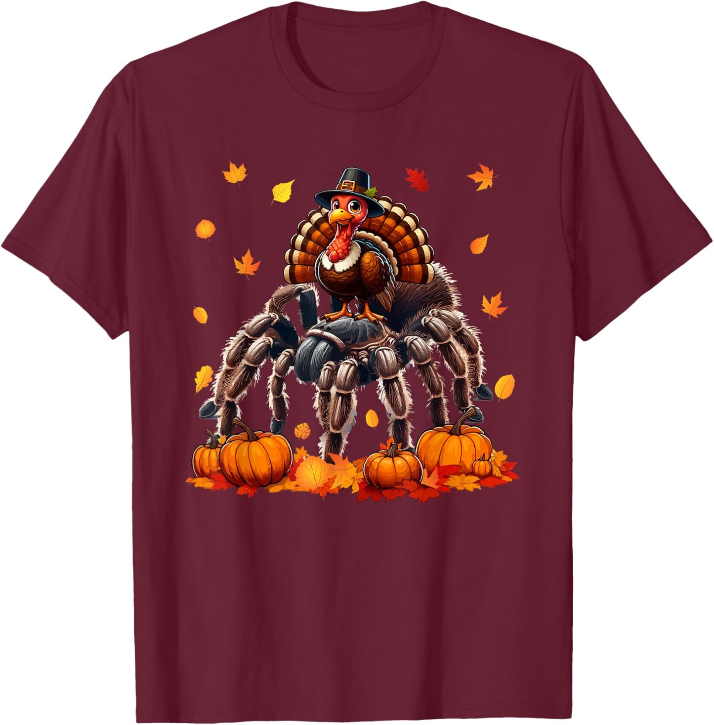 Turkey Riding Tarantula Thanksgiving Fall Leaves Pumpkins T-Shirt - T-Shirt | Maroon