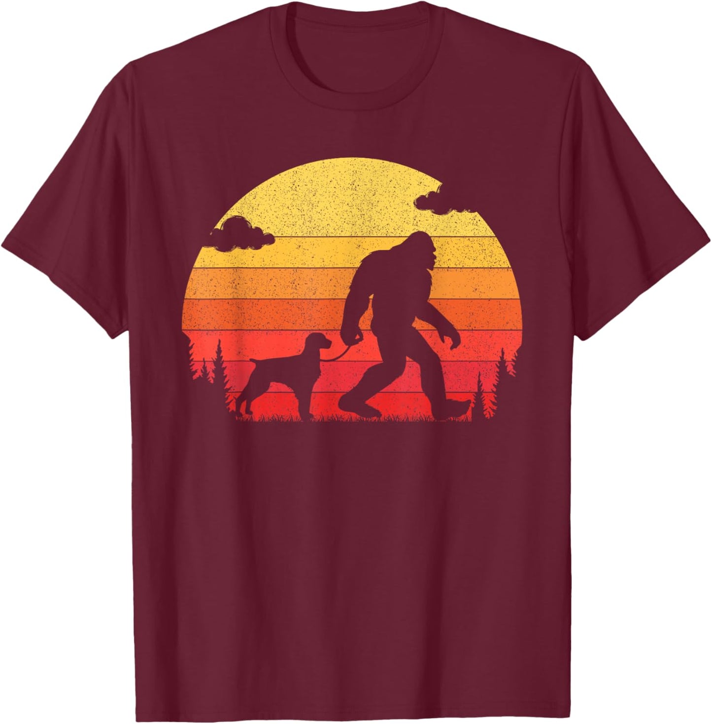 Retro Bigfoot Silhouette Walking Brittany Spaniel Dog T-Shirt - T-Shirt | Maroon