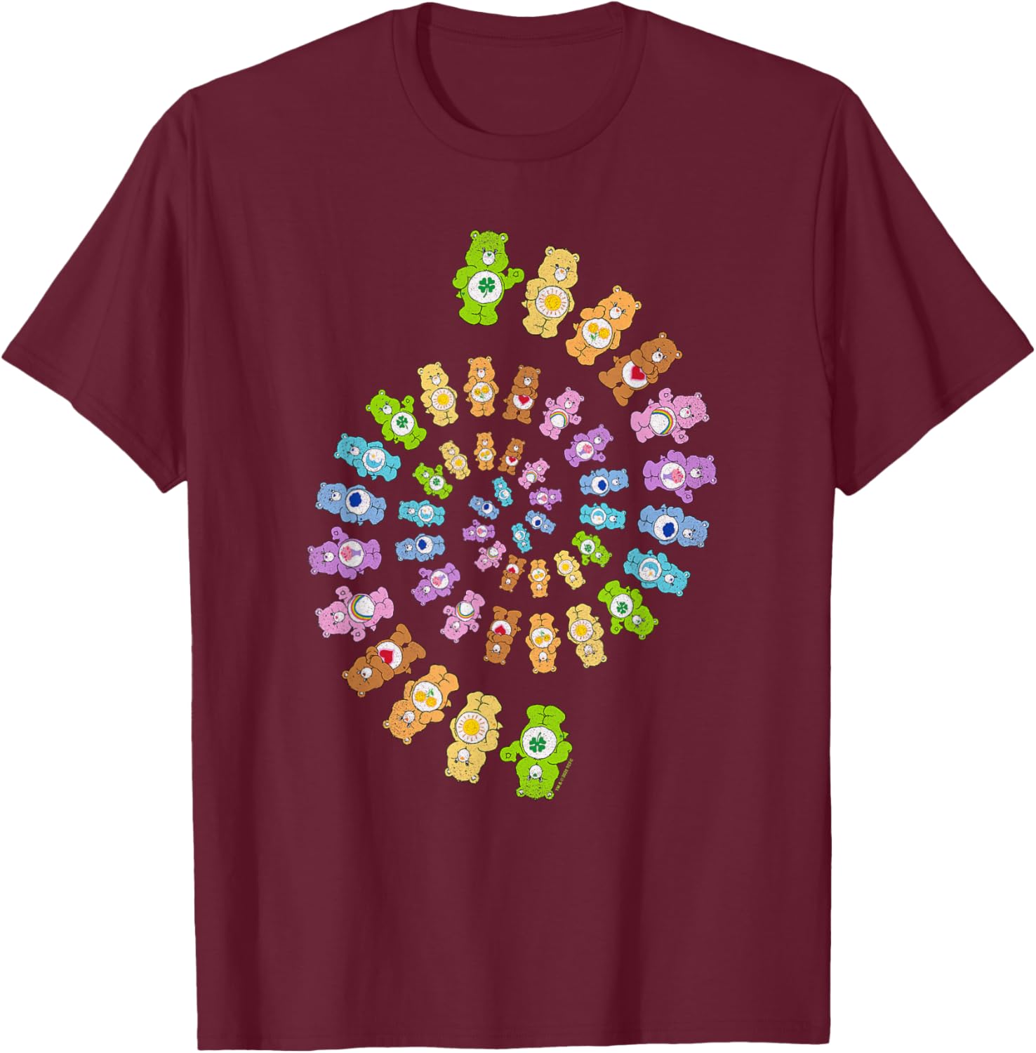 Care Bears Psychedelic Retro Rainbow Spiral Bear Group T-Shirt - T-Shirt | Maroon