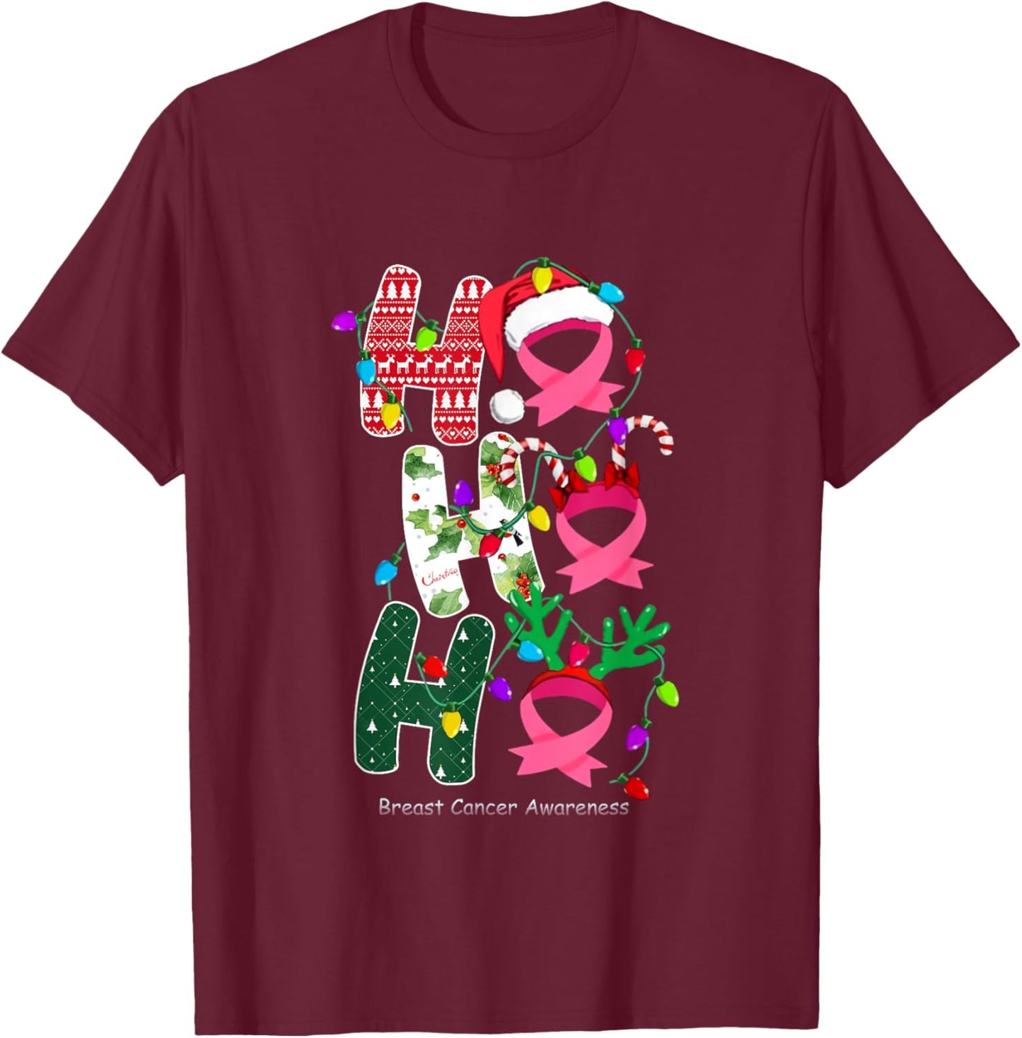Ho Ho Ho Breast Cancer Awareness for Christmas T-Shirt - T-Shirt | Maroon
