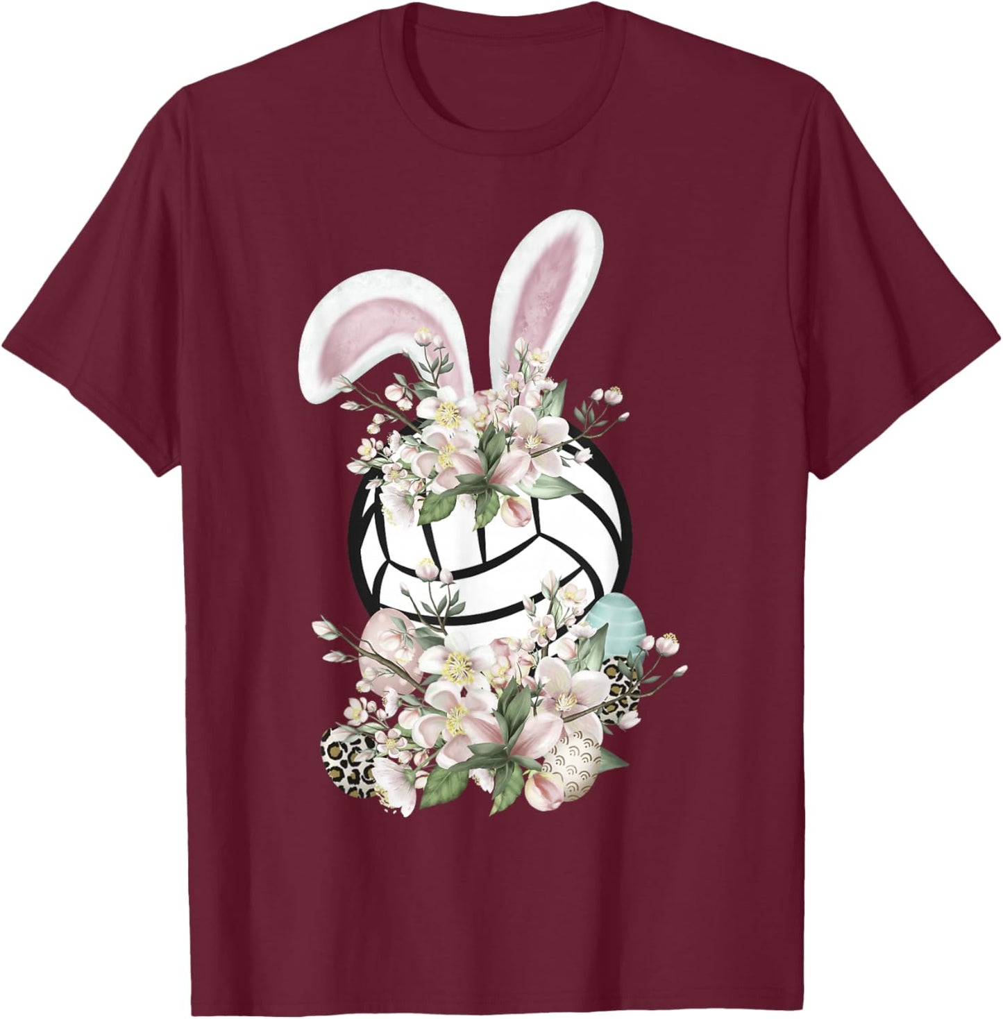 Funny Easter Volleyball Bunny Ears Spring Flowers Easter Egg T-Shirt - T-Shirt | Maroon