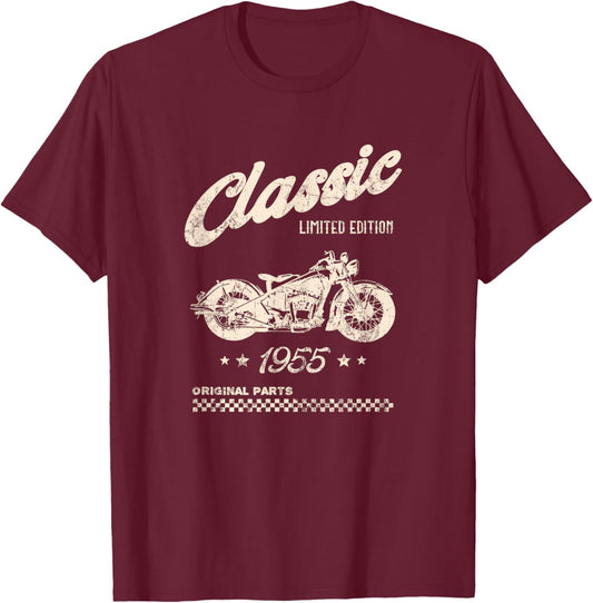 70th Birthday Classic Motorcycle Born in 1955 T-Shirt - T-Shirt | Maroon