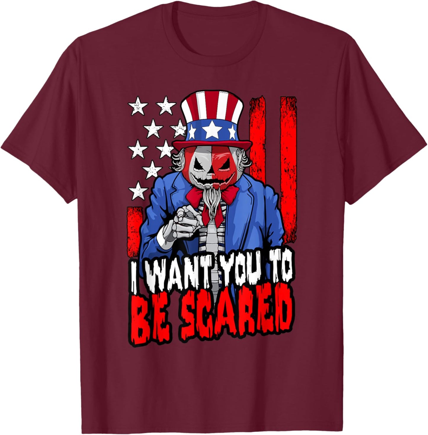 Patriotic Halloween Zombie Uncle Sam Pumpkin Scared USA Flag T-Shirt - T-Shirt | Maroon