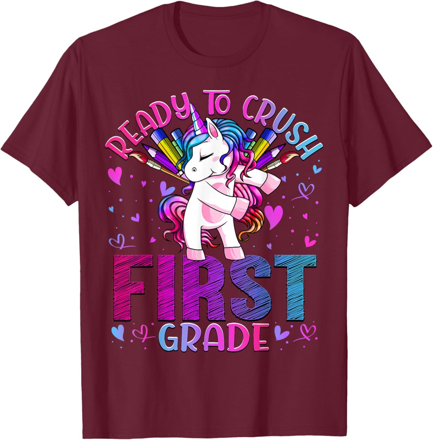 Ready to Crush First 1st Grade Back To School Unicorn Kids T-Shirt - T-Shirt | Maroon