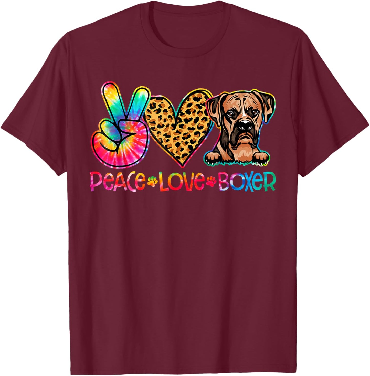 Peace Love Boxer Tie Dye Dog Lover Women Girls Kids T-Shirt - T-Shirt | Maroon