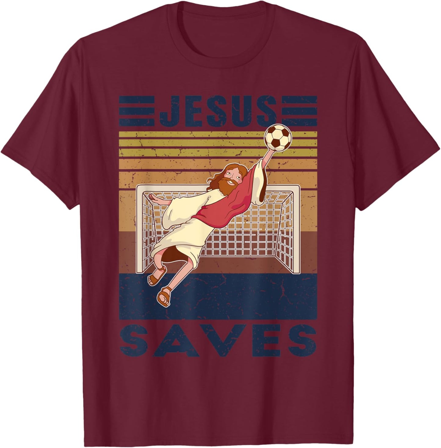 Retro Goalkeeper Jesus Saves Soccer Goal T-Shirt - T-Shirt | Maroon