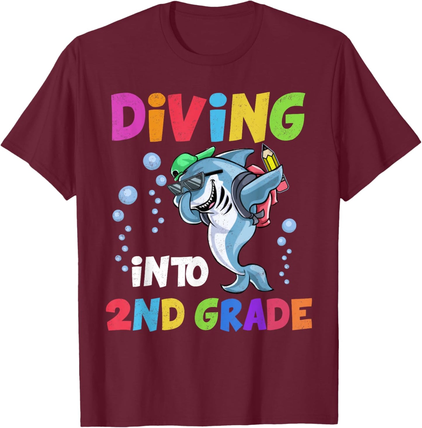 Shark Diving Into 2nd Grade Student Back To School Teacher Women Girls Kids T-Shirt - T-Shirt | Maroon