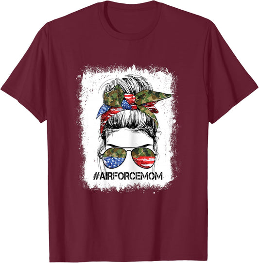 All American Airforce Mom Messy Bun US Flag 4th of July T-Shirt - T-Shirt | Maroon