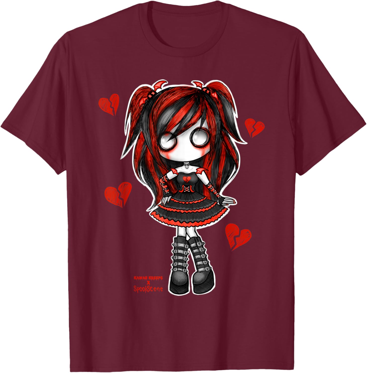Spookscene Emo Girl Drawing Soft Goth Mall Goth Red Alt Cute T-Shirt - T-Shirt | Maroon