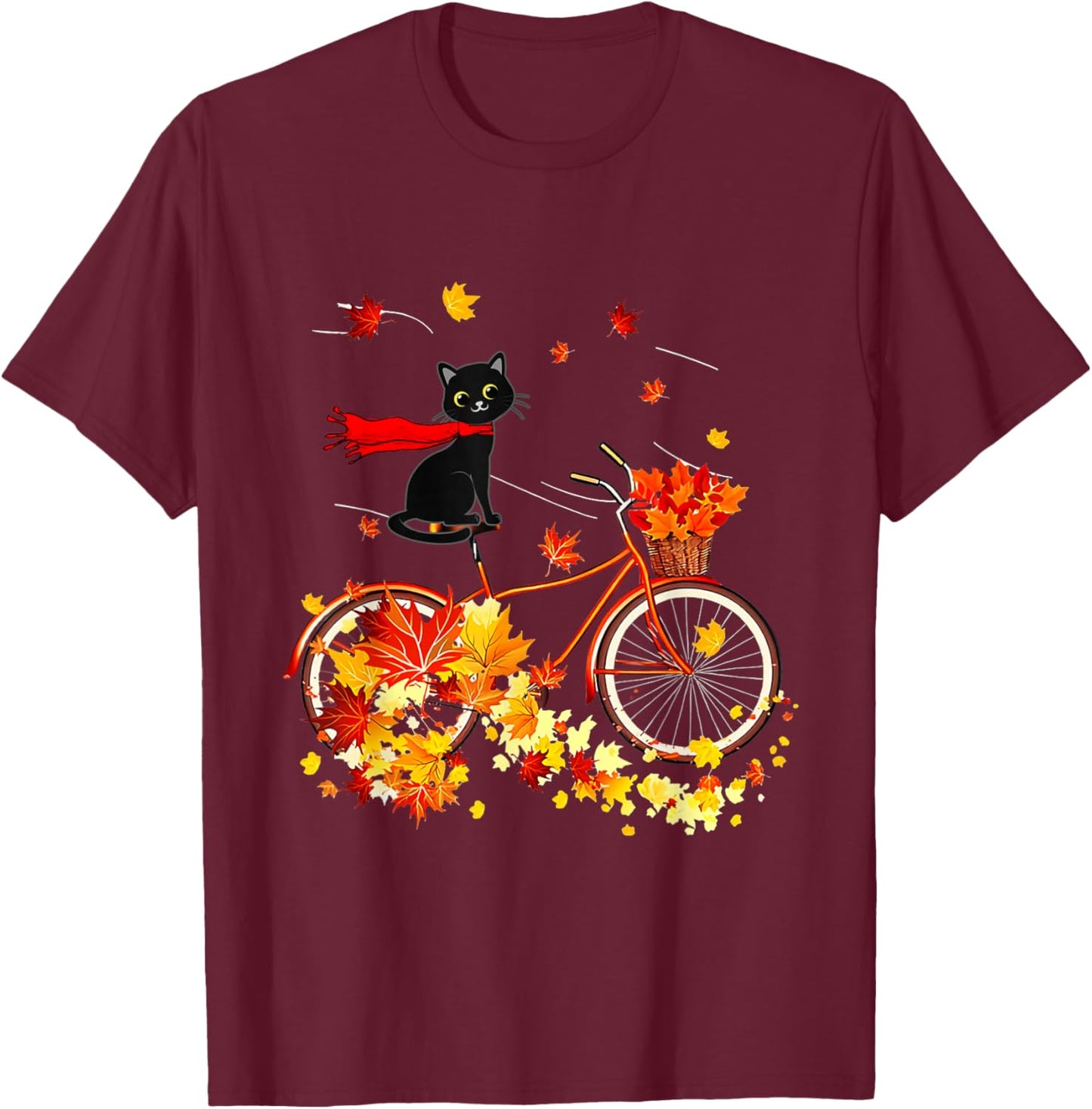 Black Cat Autumn Funny Fall Cycling Lover T-Shirt - T-Shirt | Maroon