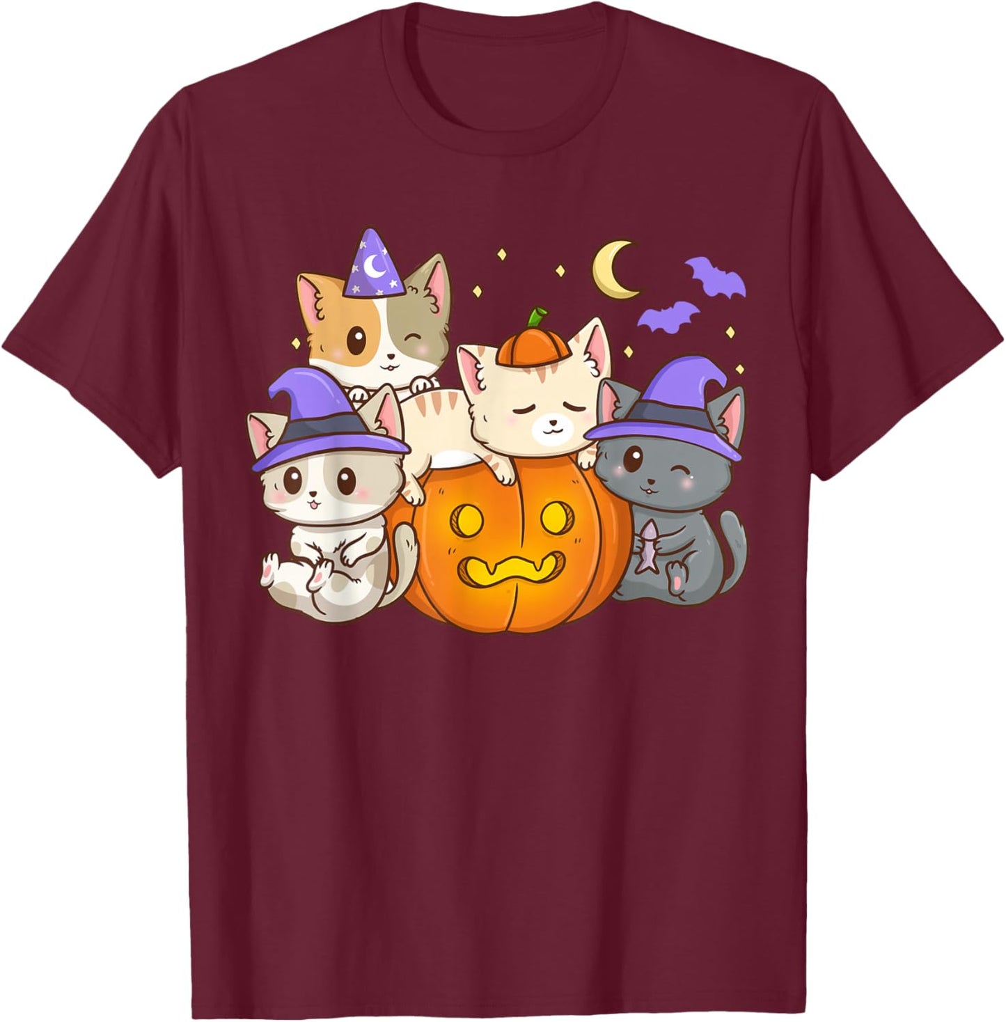 Halloween Cats Anime Cat Kawaii Neko Pumpkin Cat Lover Witch T-Shirt - T-Shirt | Maroon