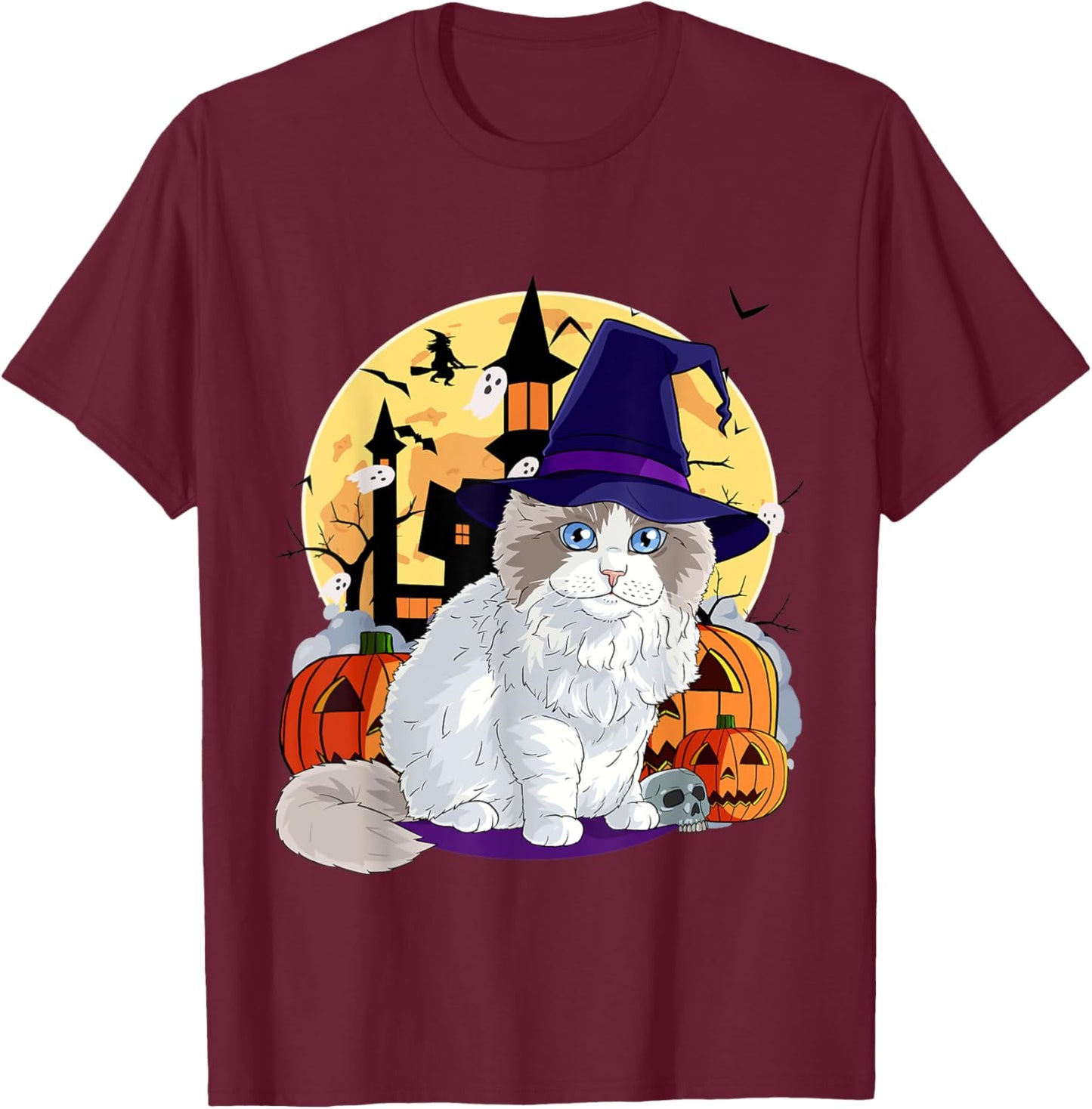 Cute Ragdoll Cat Halloween Witch Pumpkin Men Women Kids T-Shirt - T-Shirt | Maroon